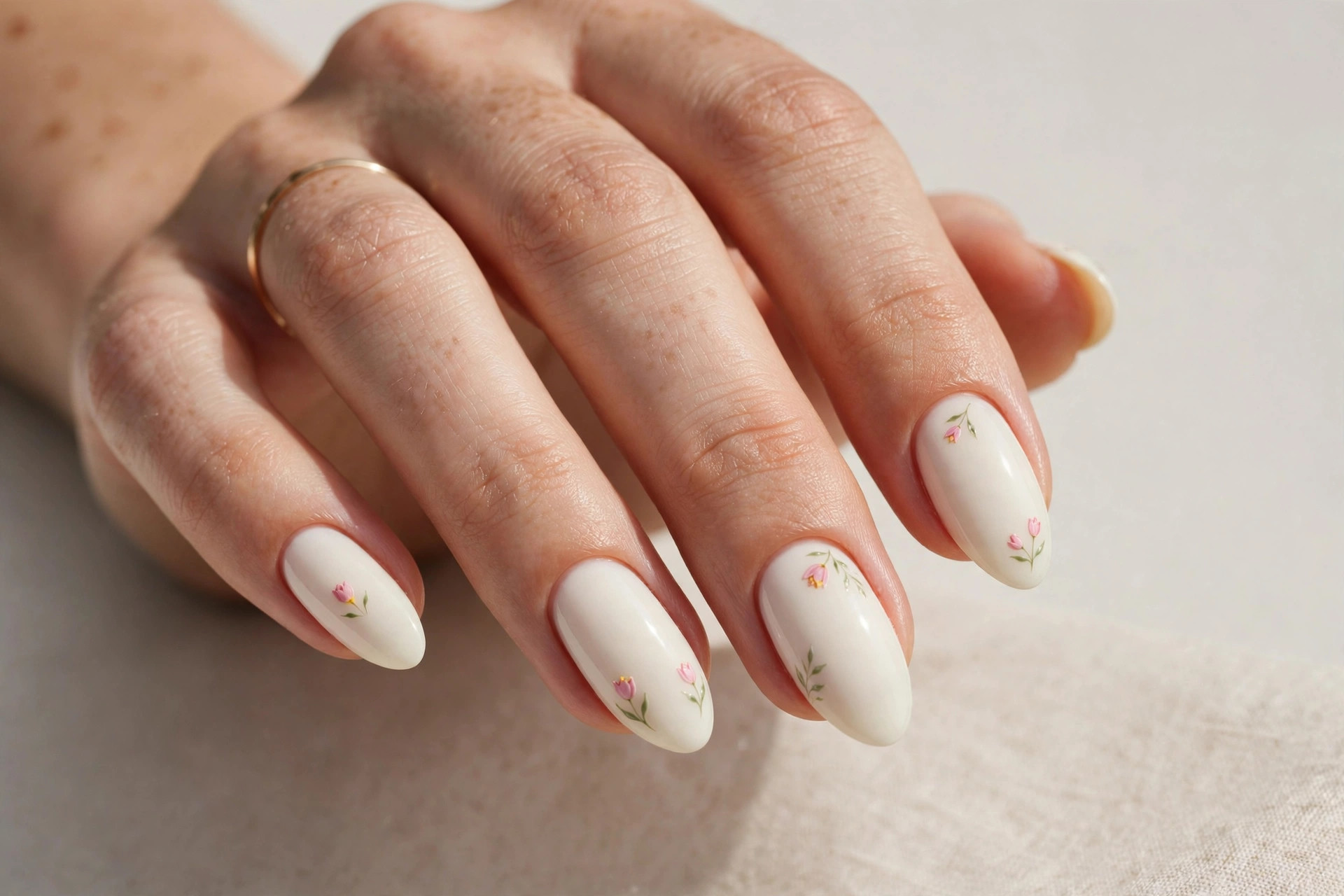 Tiny pink tulip flower nail art on a creamy white manicure