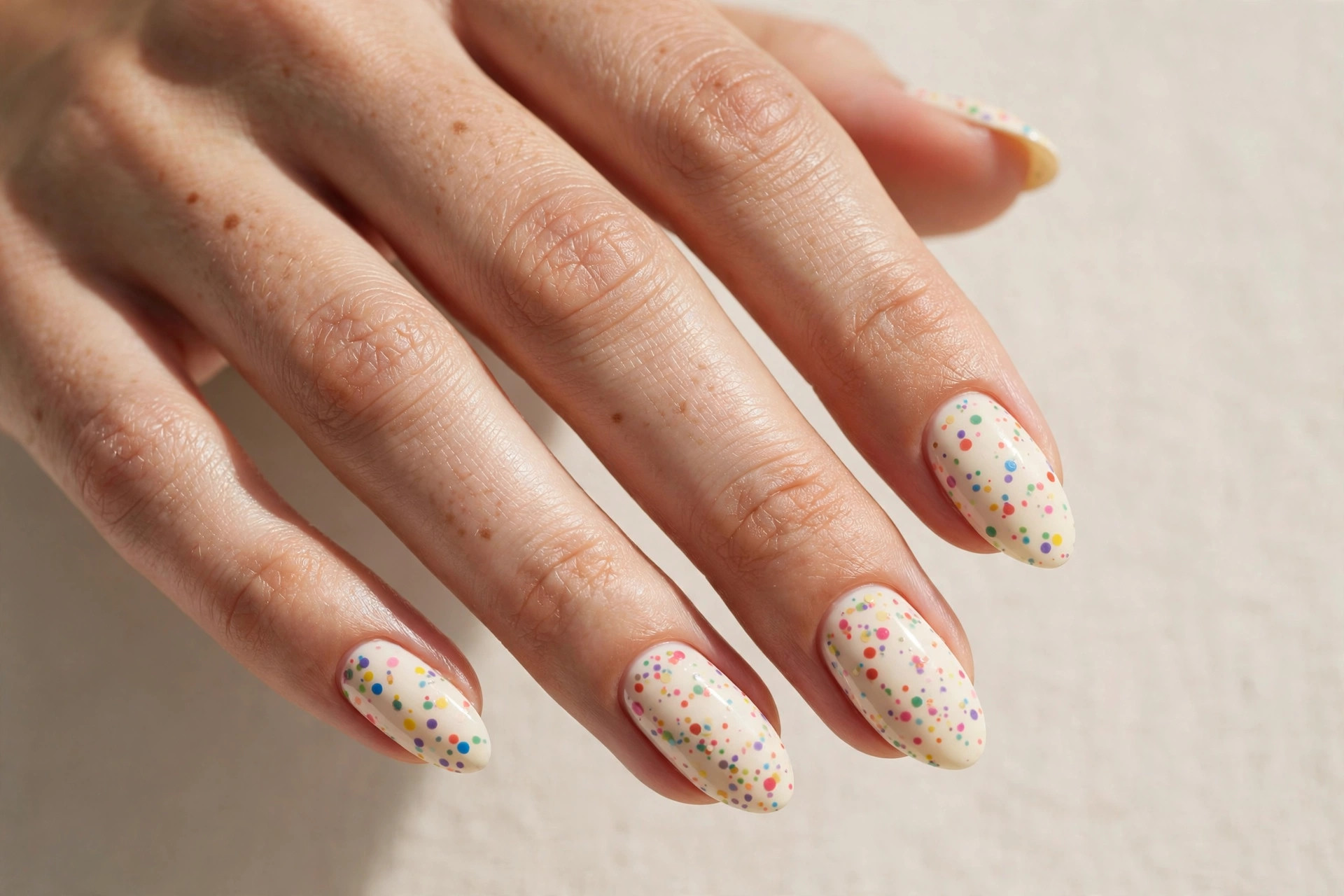 Creamy vanilla manicure with colorful confetti dot nail art