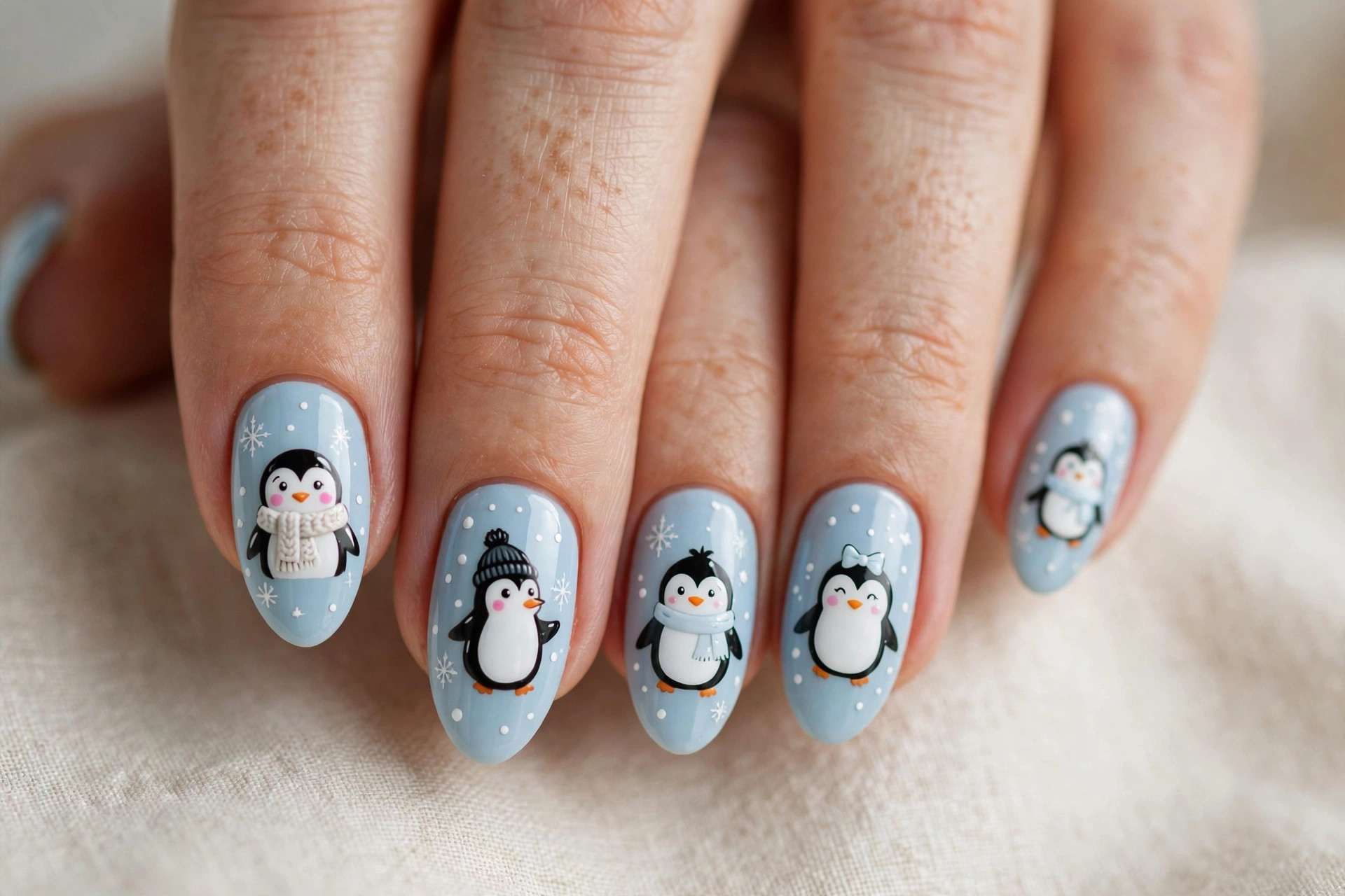 Cute penguin nail art on a light blue manicure