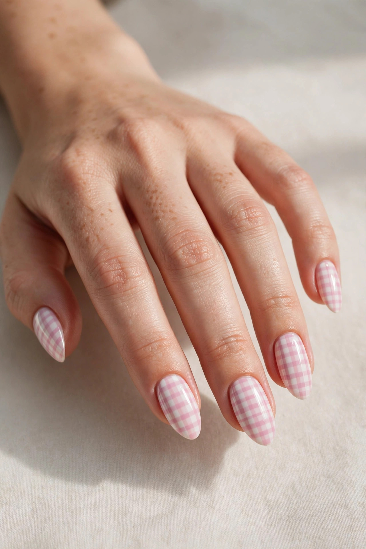 Pastel pink and white plaid checkered cute nail art