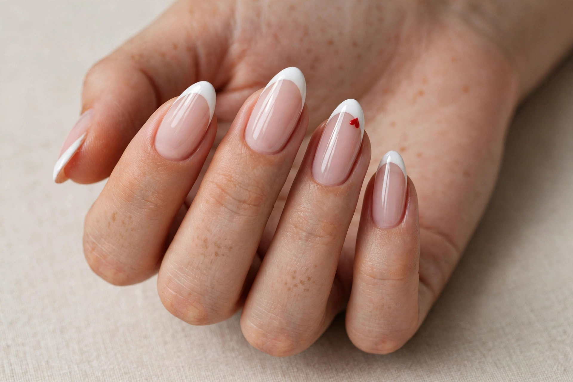 French tip manicure with a tiny red heart accent on the ring finger