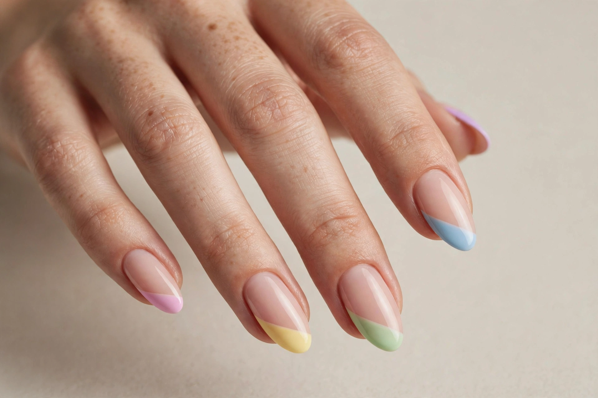 Pastel rainbow diagonal tips on short nails