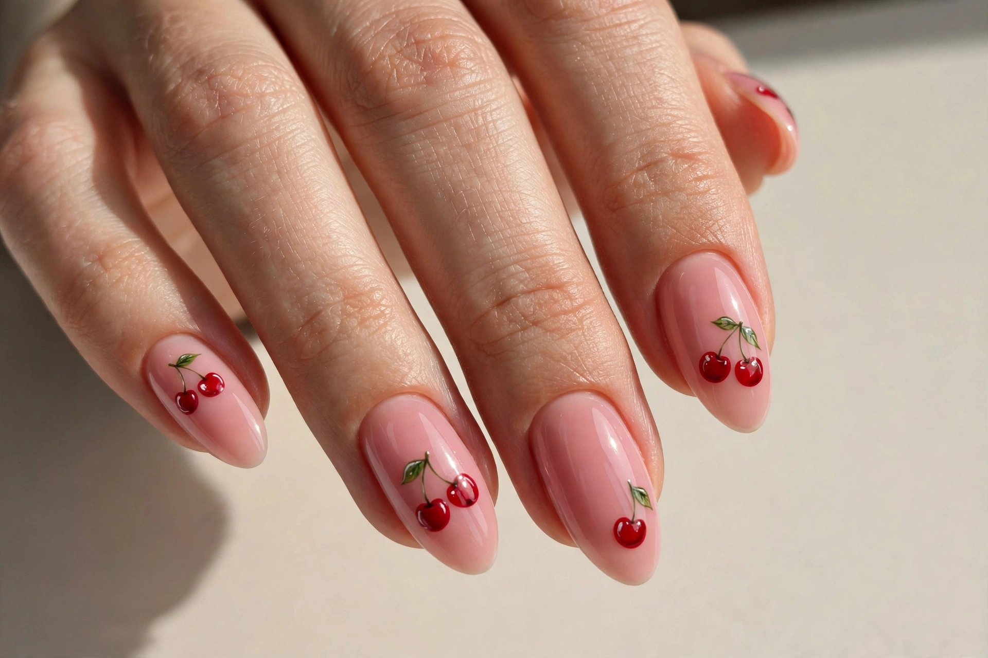 Cherry nail art on a pink base, short nails