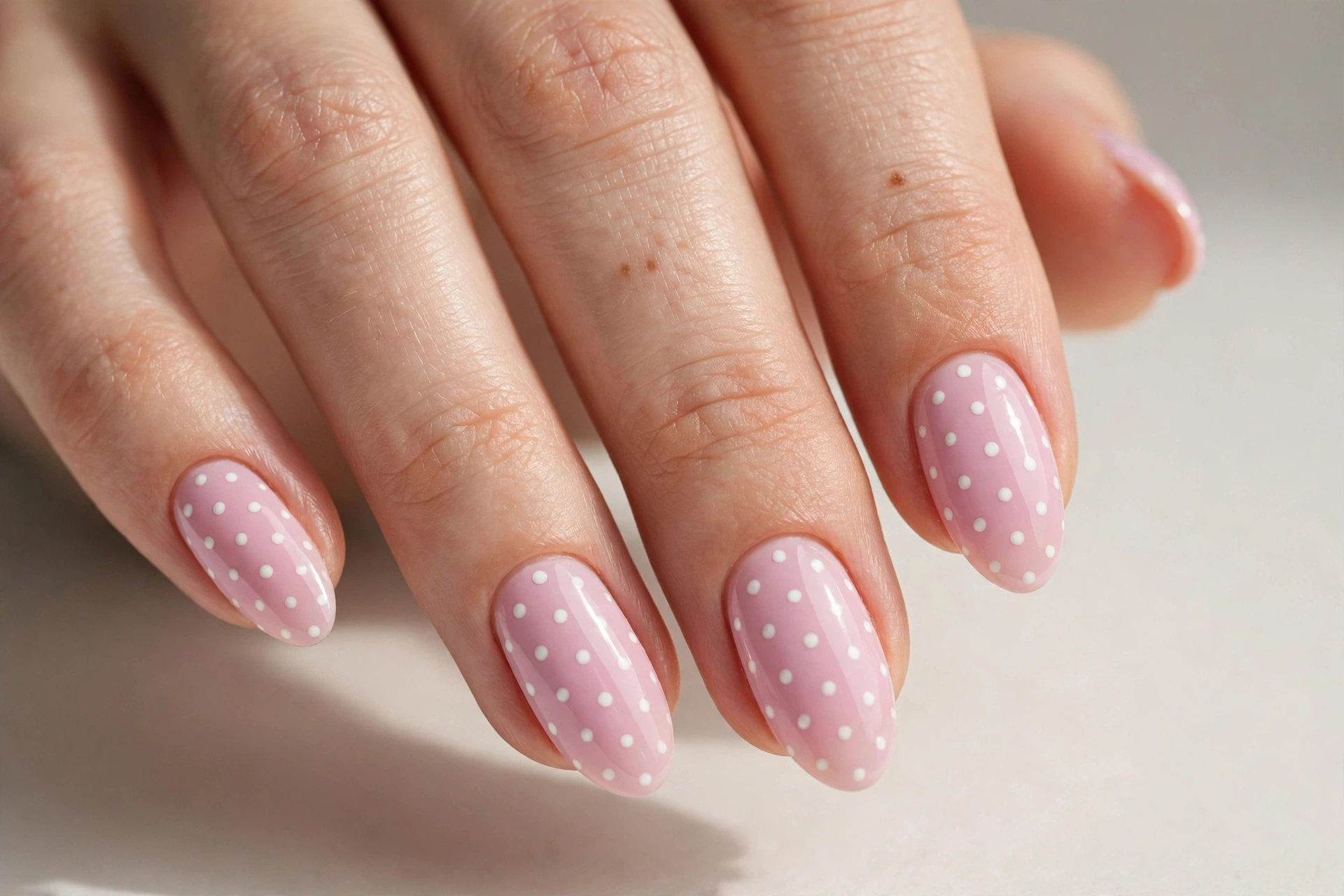 White polka dots on pastel pink short nails