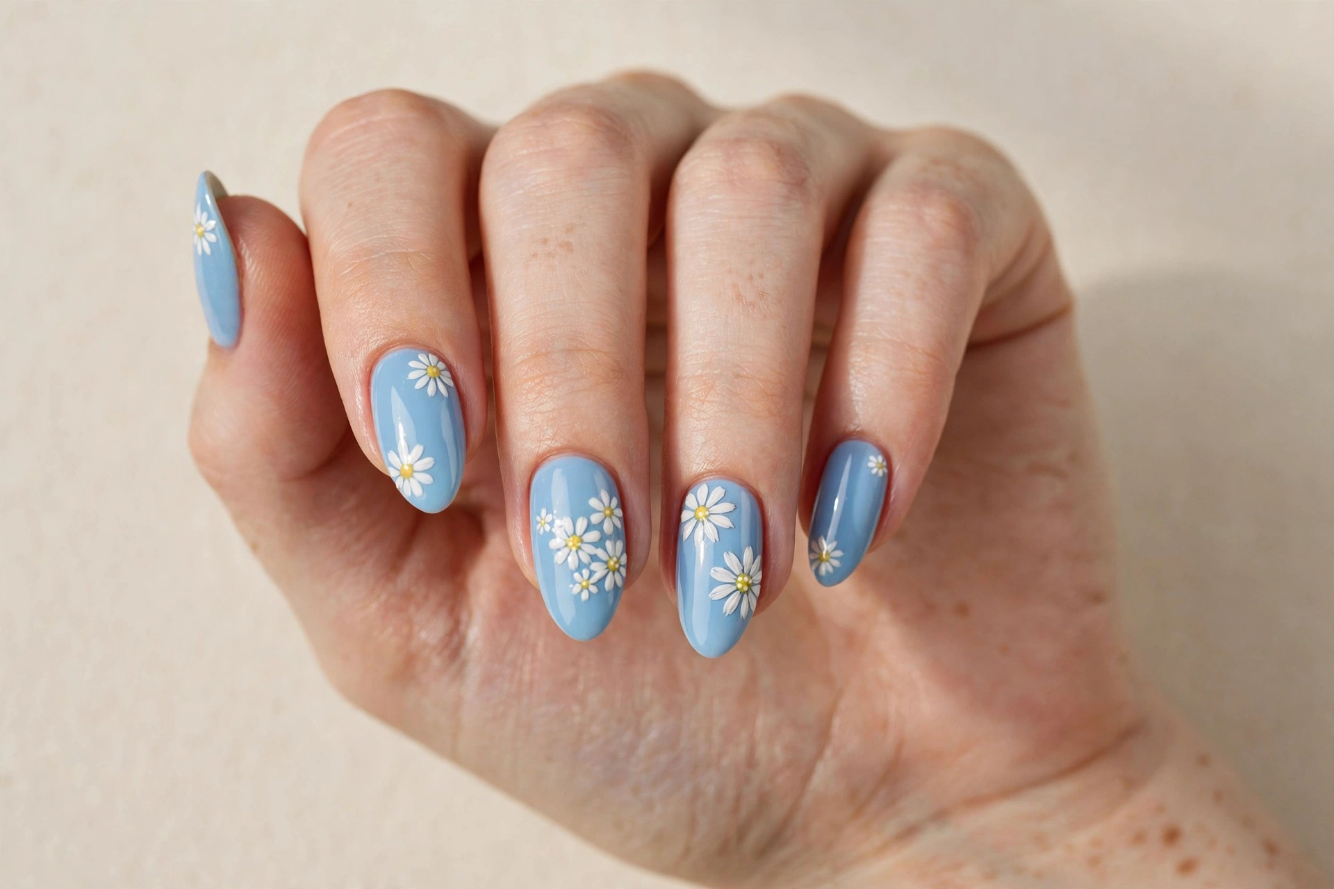 White daisy flowers on sky blue short nails