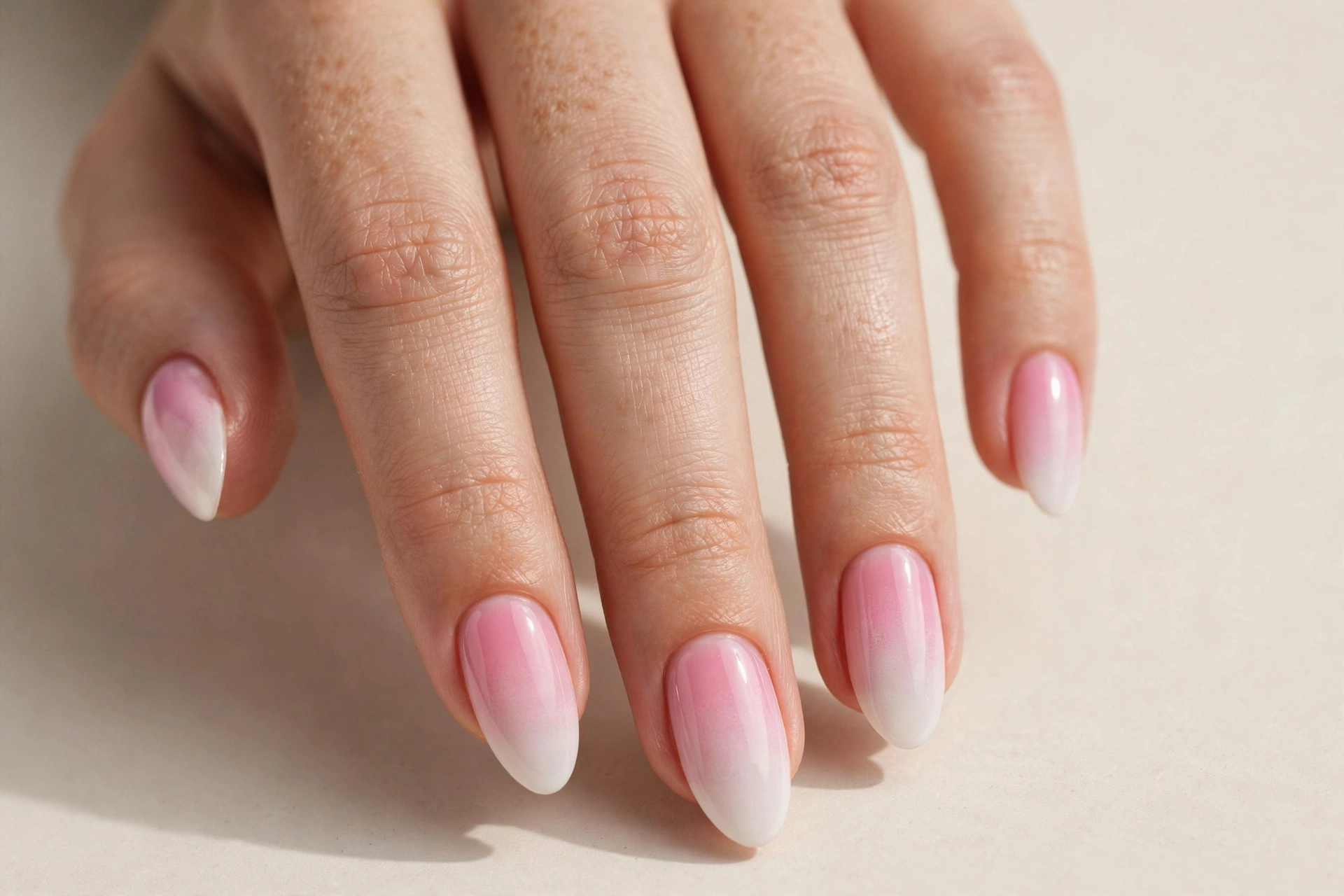 Pink to white ombré fade on short nails