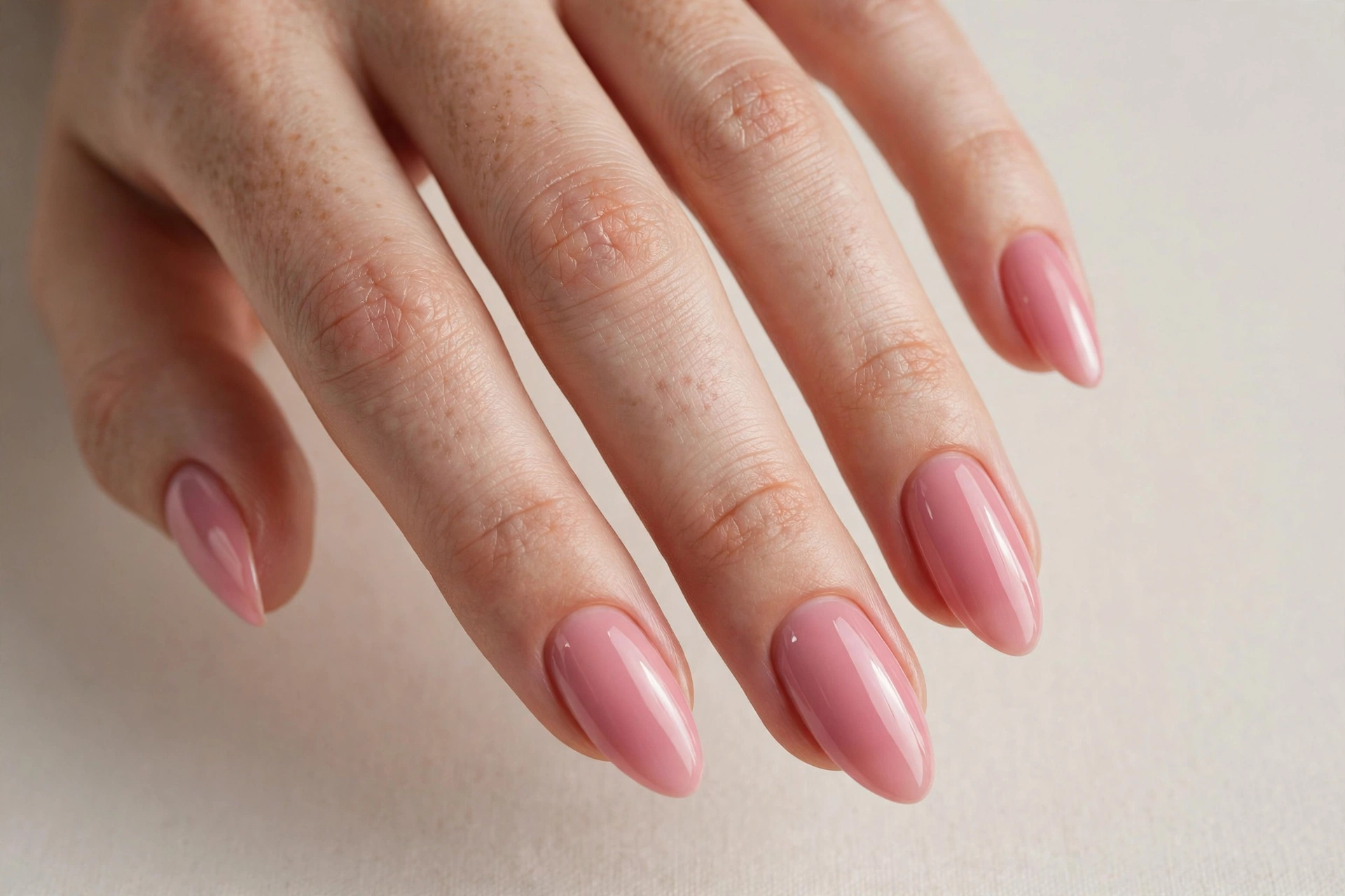 Glossy strawberry milk pink manicure on short nails