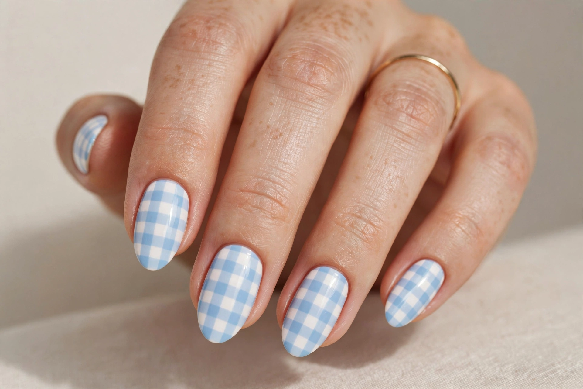 Pastel blue and white gingham check pattern on short nails