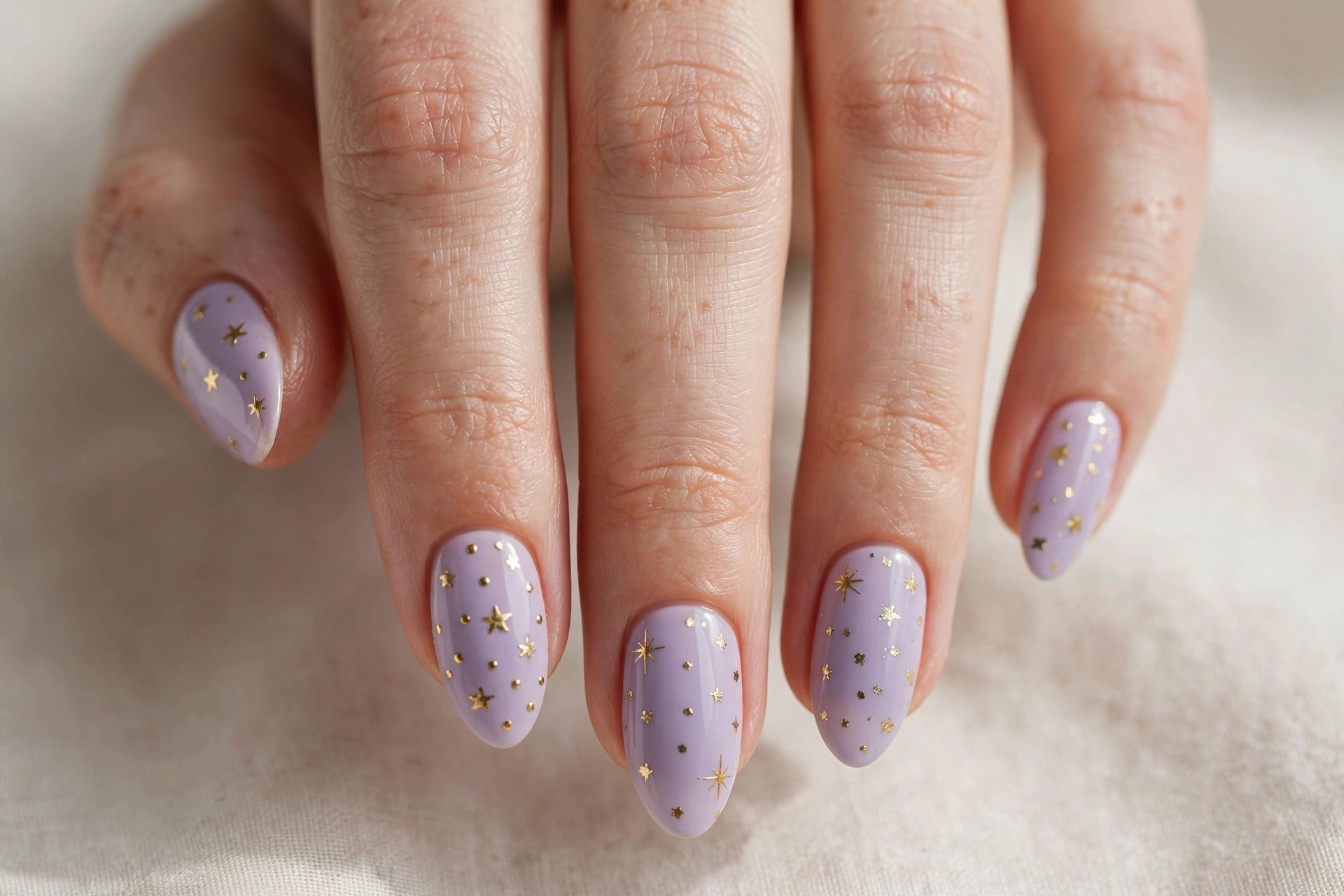 Tiny gold stars on lavender short nails