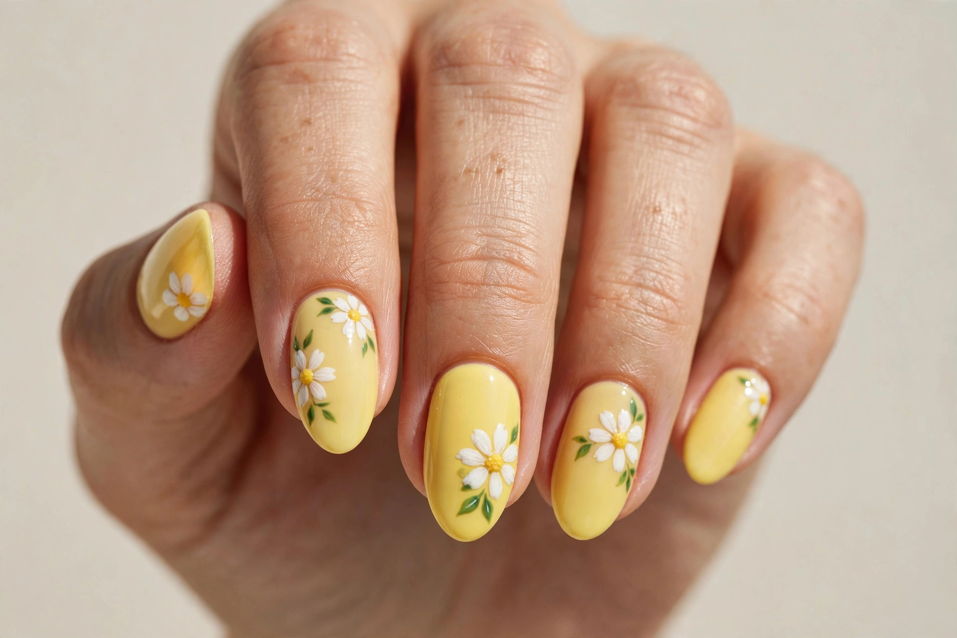 Lemon yellow base with white daisy flowers on short nails