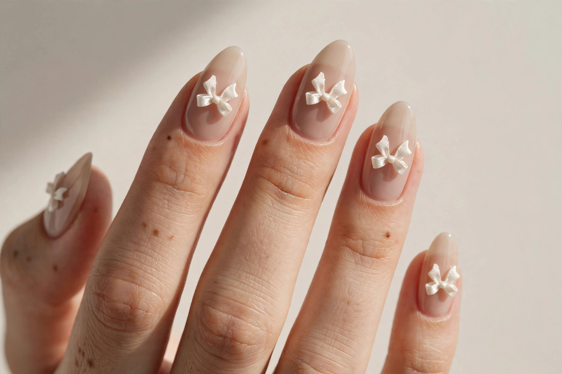 Tiny bows on a nude base, short nails