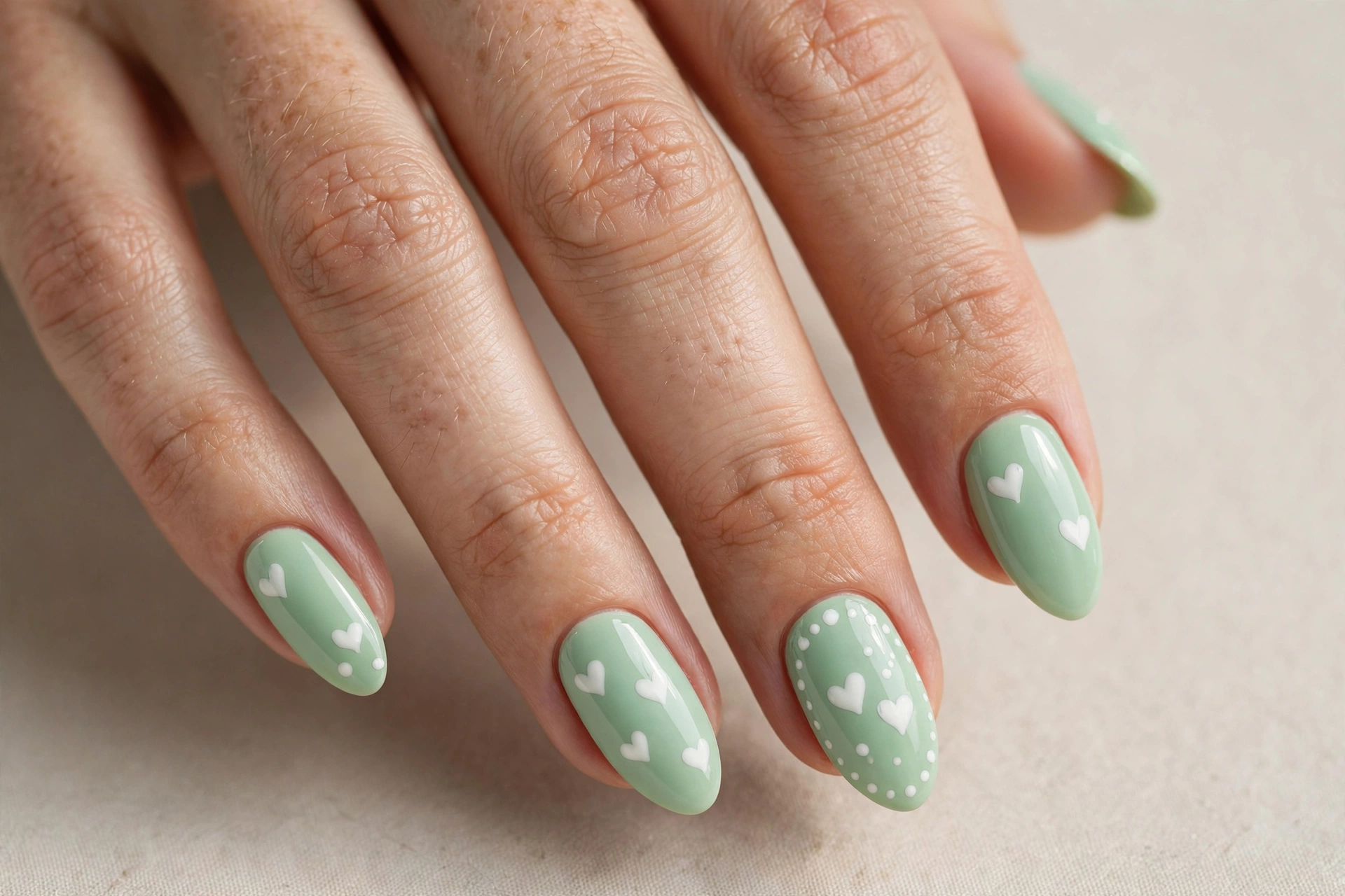 Mint green base with white hearts on short nails