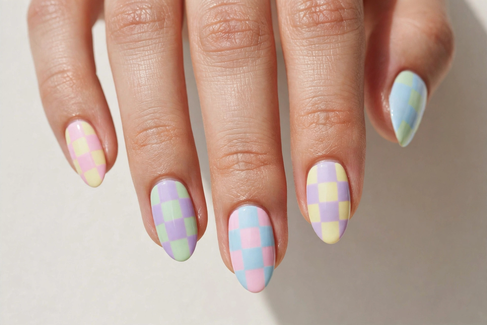 Pastel checkerboard pattern on short nails