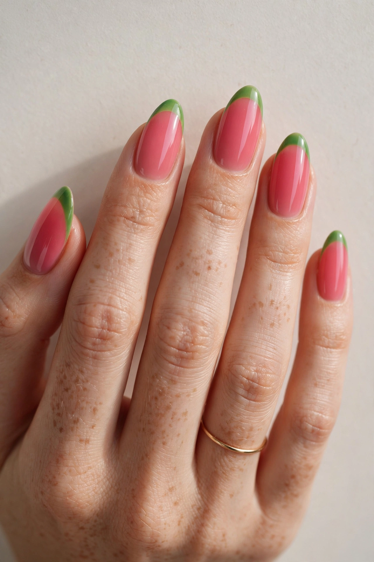 Watermelon pink nails with green tips on short nails