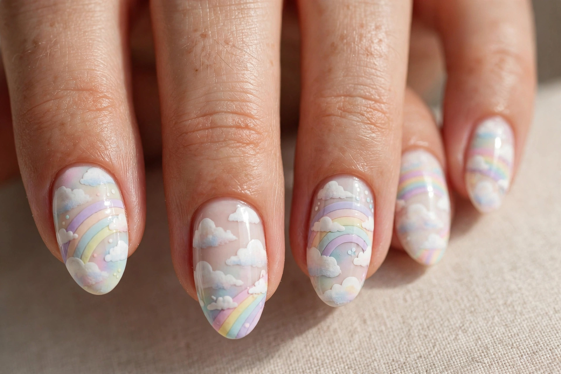 White clouds with a pastel rainbow accent on short nails