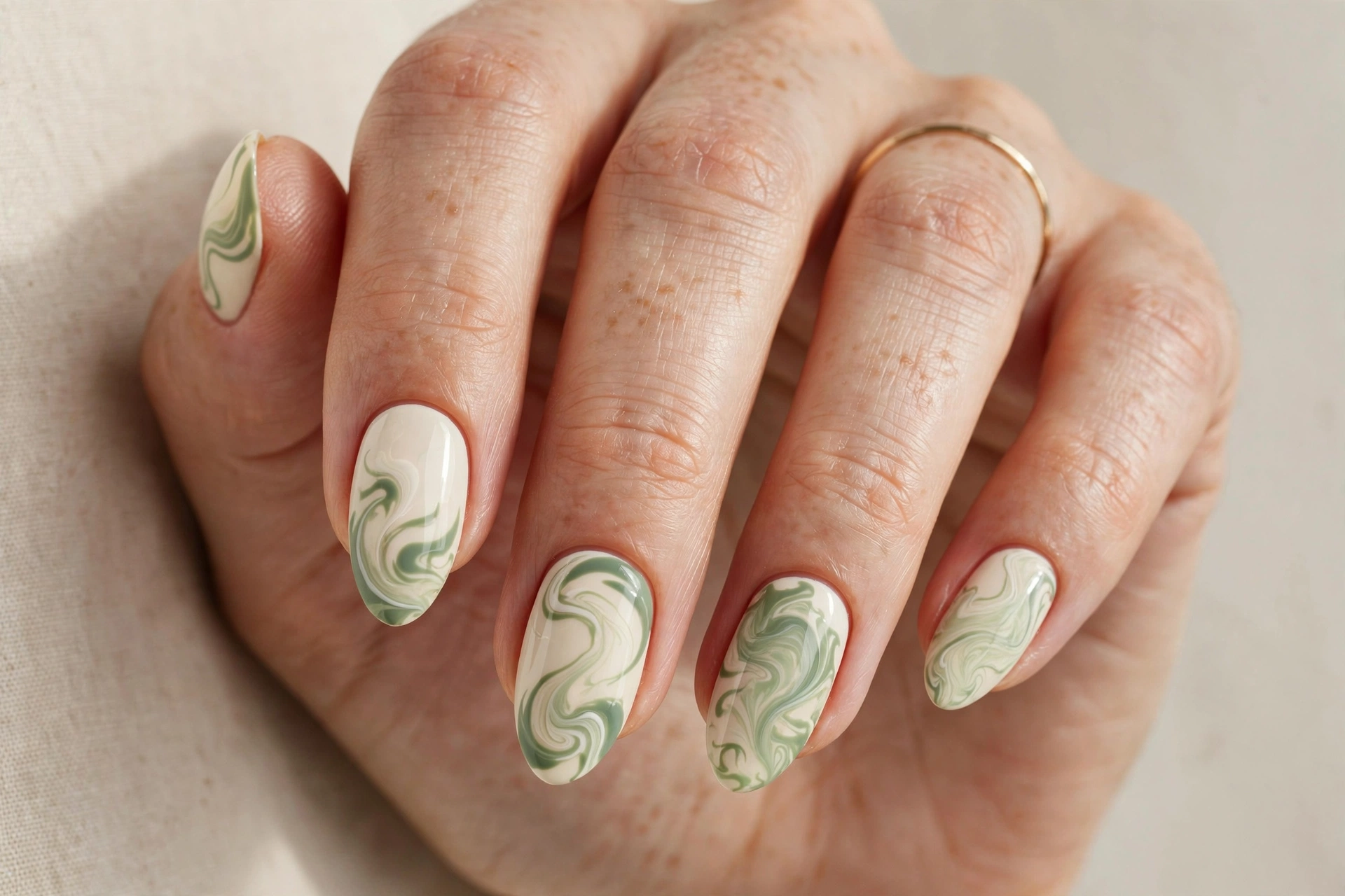 Sage green swirls on a cream base, short nails