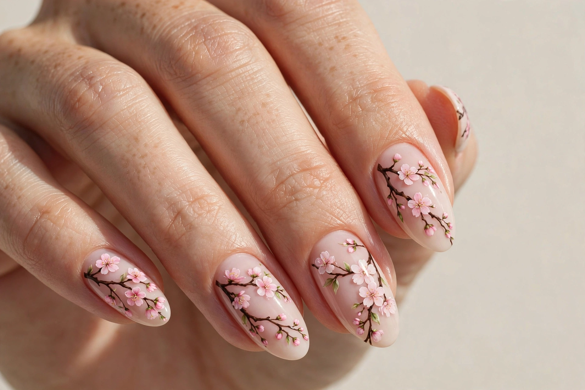 Pink cherry blossom branches on short nails