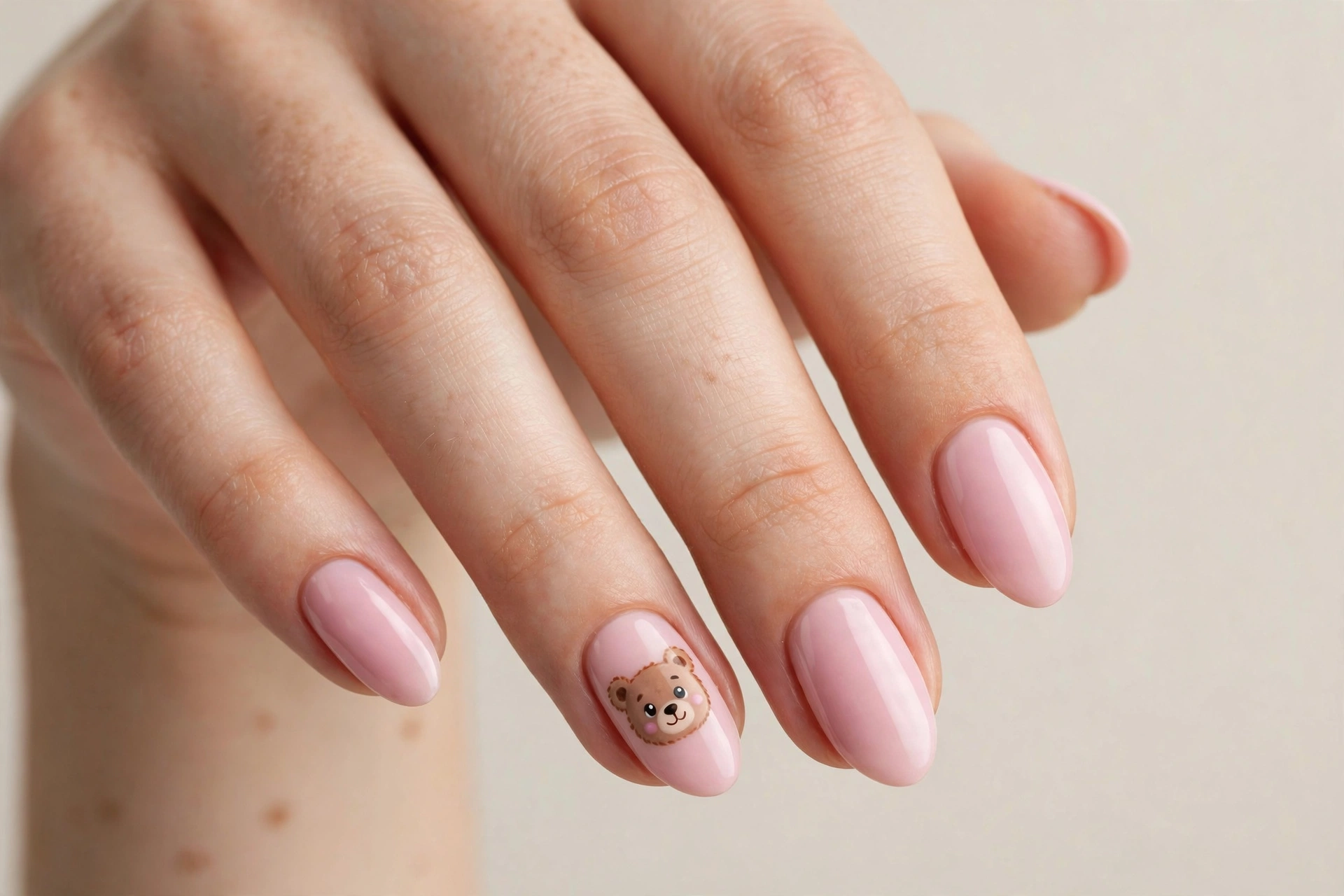Teddy bear face on an accent nail with soft pink base, short nails
