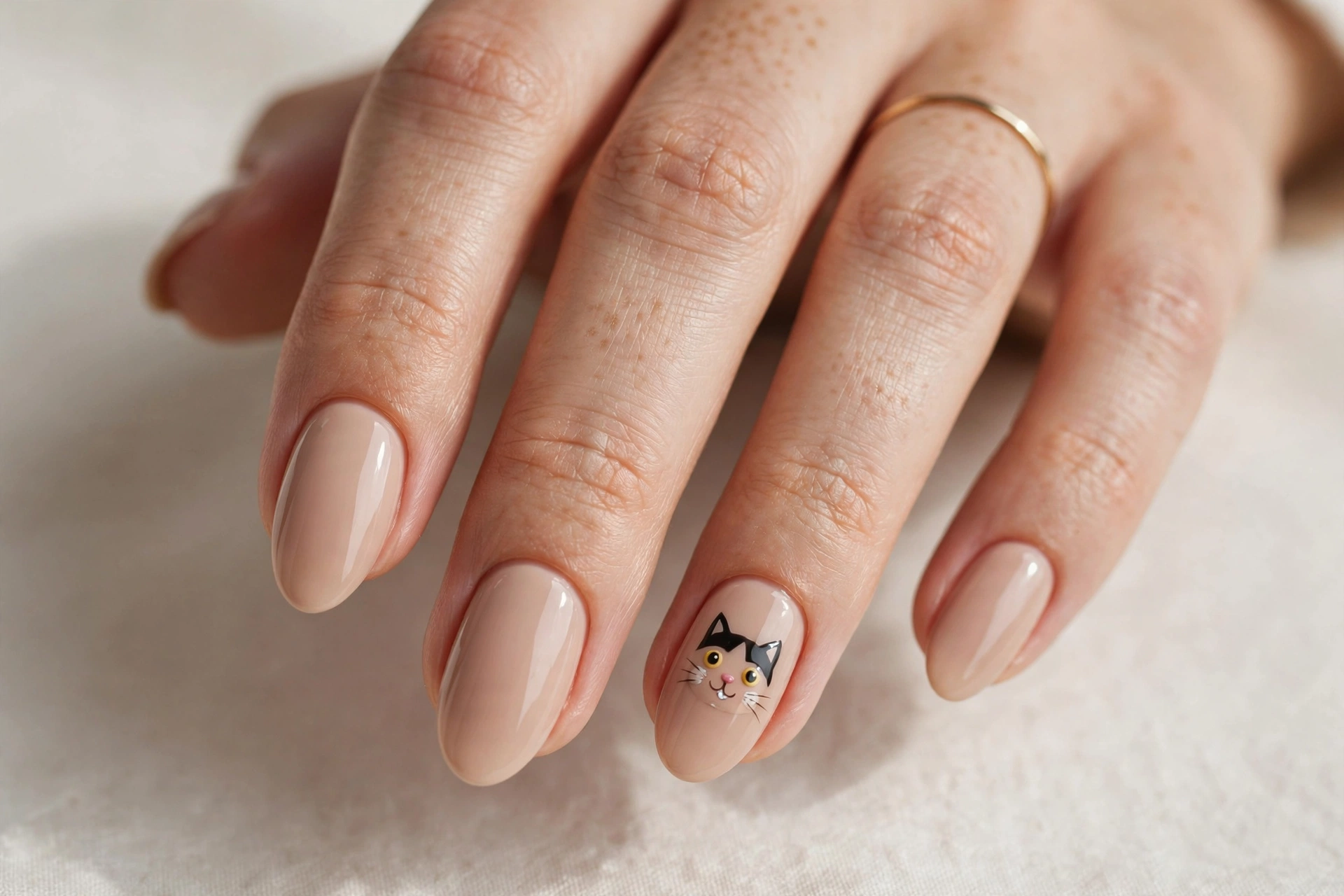 Cute cat face on a nude accent nail, short nails