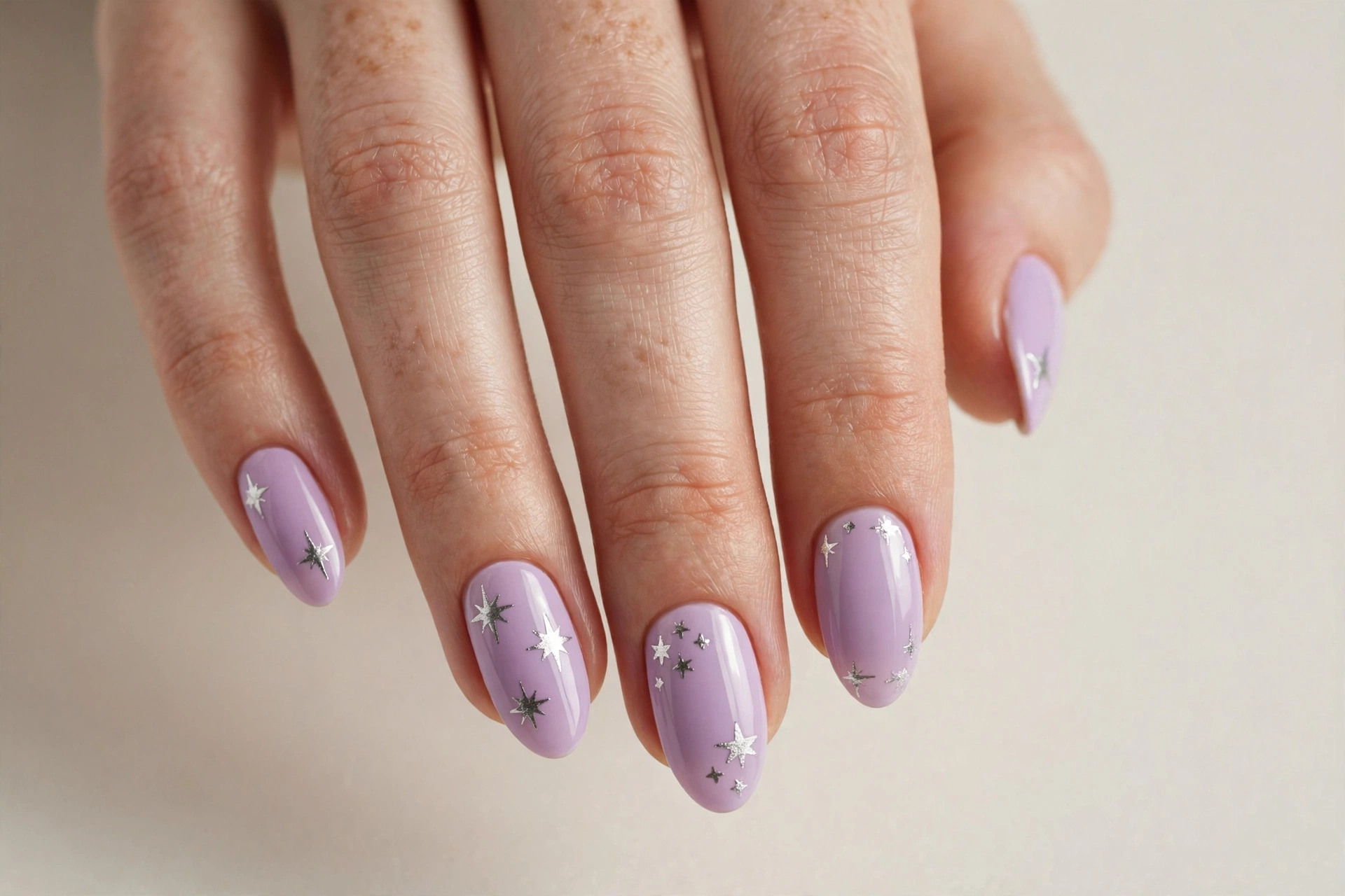 Lilac base with silver star accents on short nails