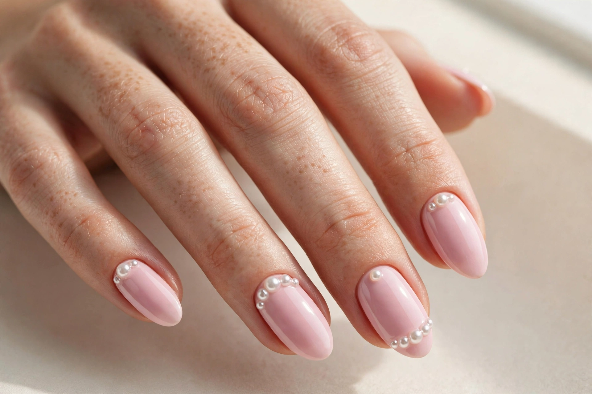 Baby pink base with pearl accents on short nails