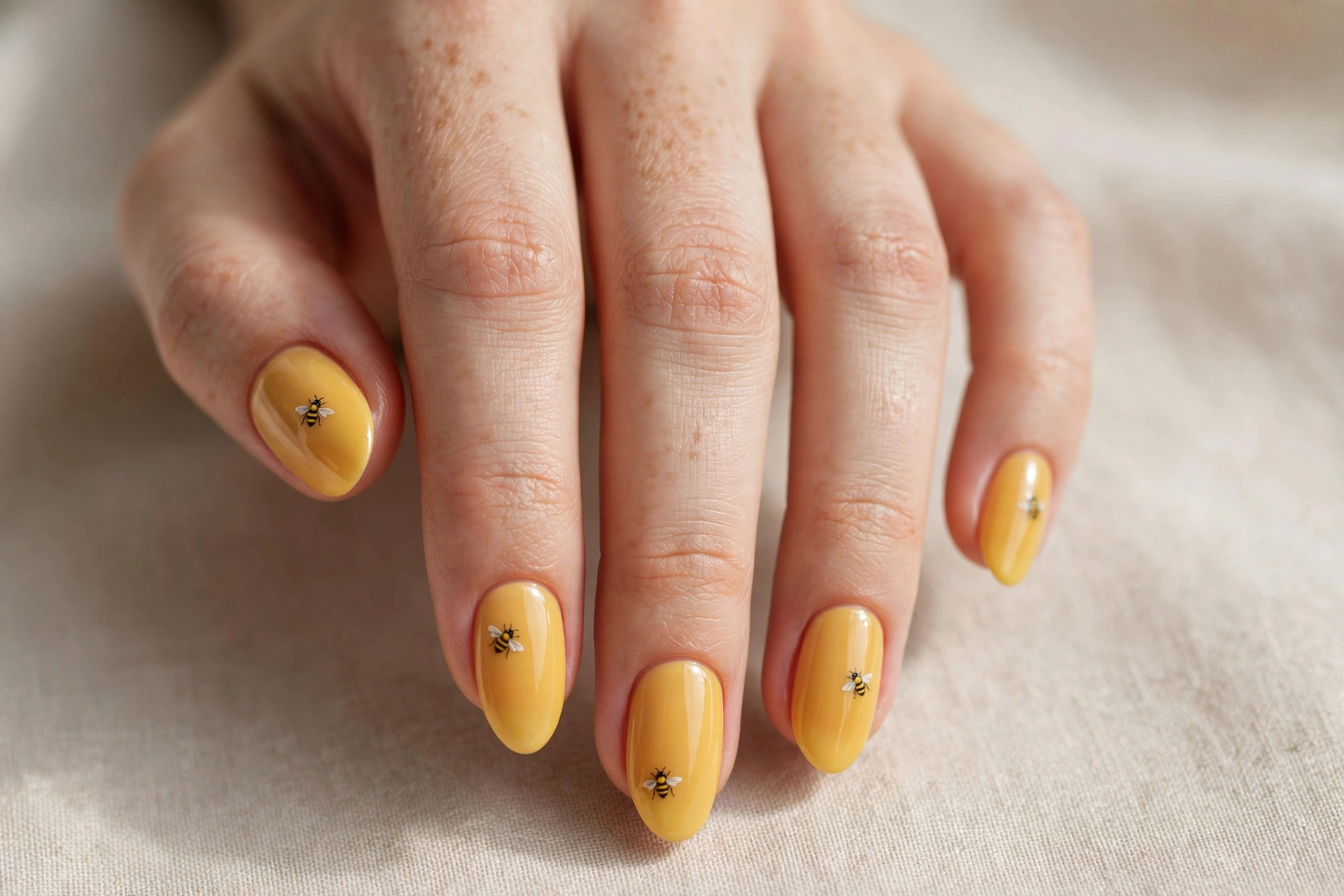 Honey yellow base with tiny bee nail art on short nails