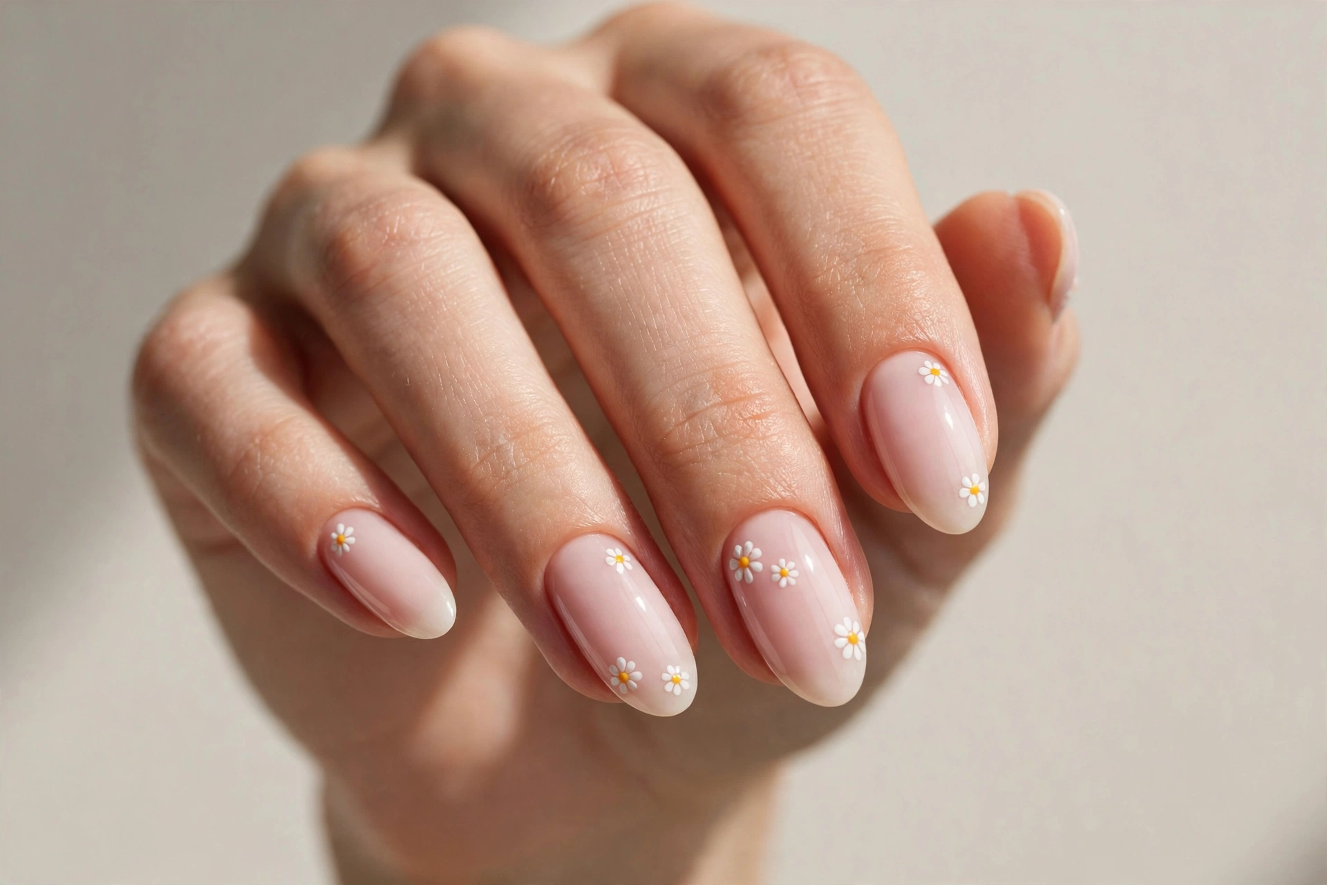 Milky pink almond nails decorated with tiny white daisy flowers
