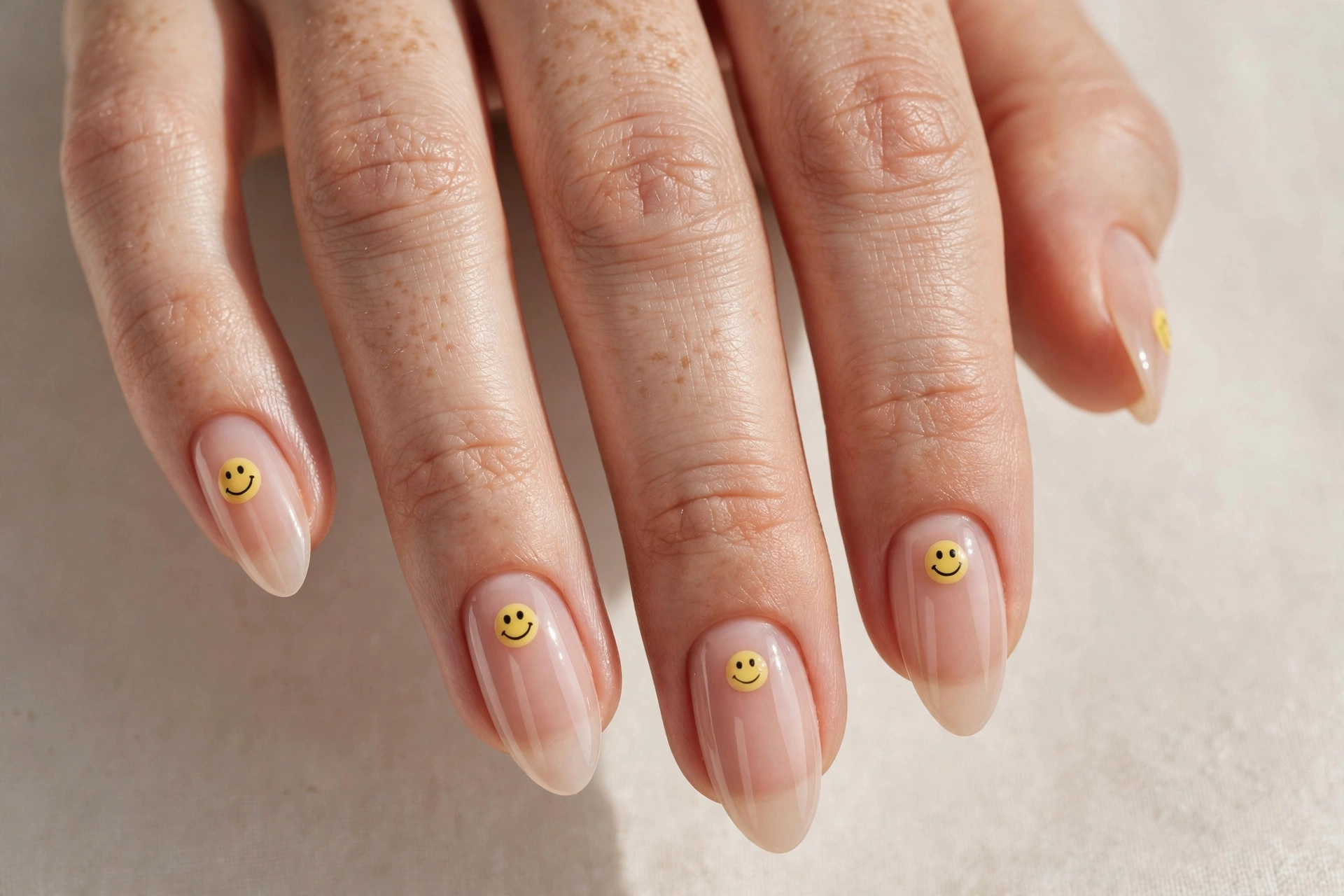 Sheer nude almond nails with small yellow smiley face art