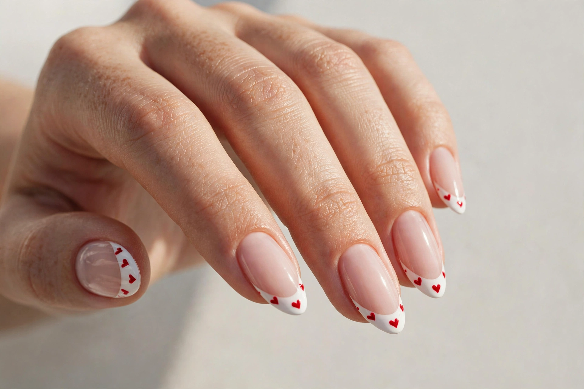 White French tip almond nails with tiny red hearts near the cuticles