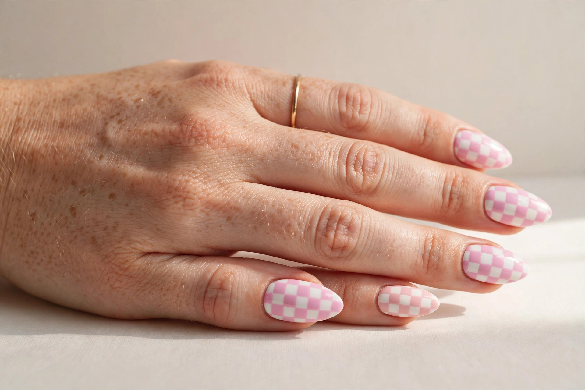 Almond nails with a pink and white pastel checkerboard pattern
