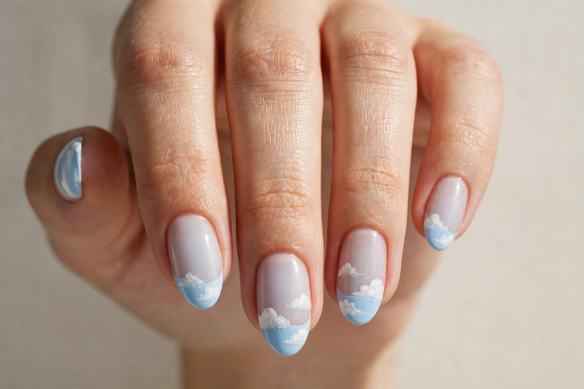 Baby blue almond nails with fluffy white cloud tips