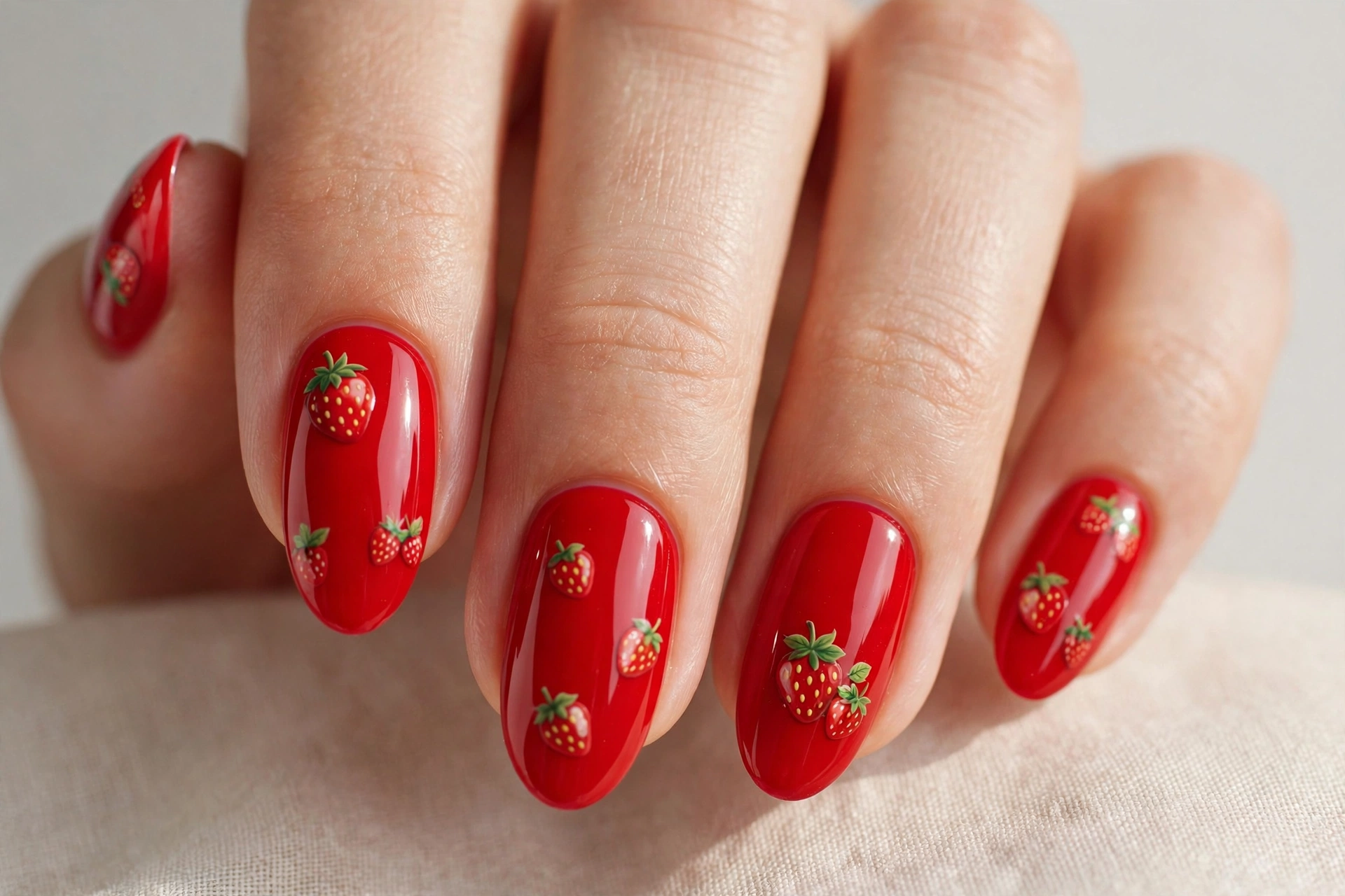 Glossy red almond nails with cute strawberry fruit art