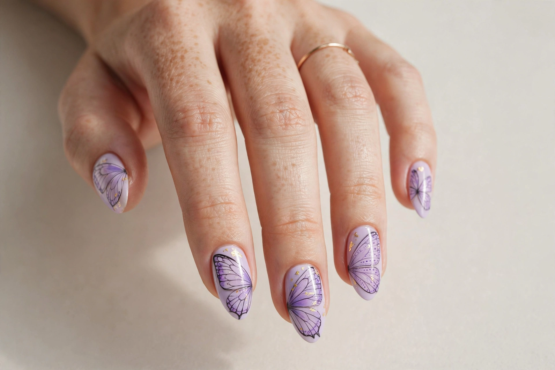 Lavender almond nails with butterfly wing nail art