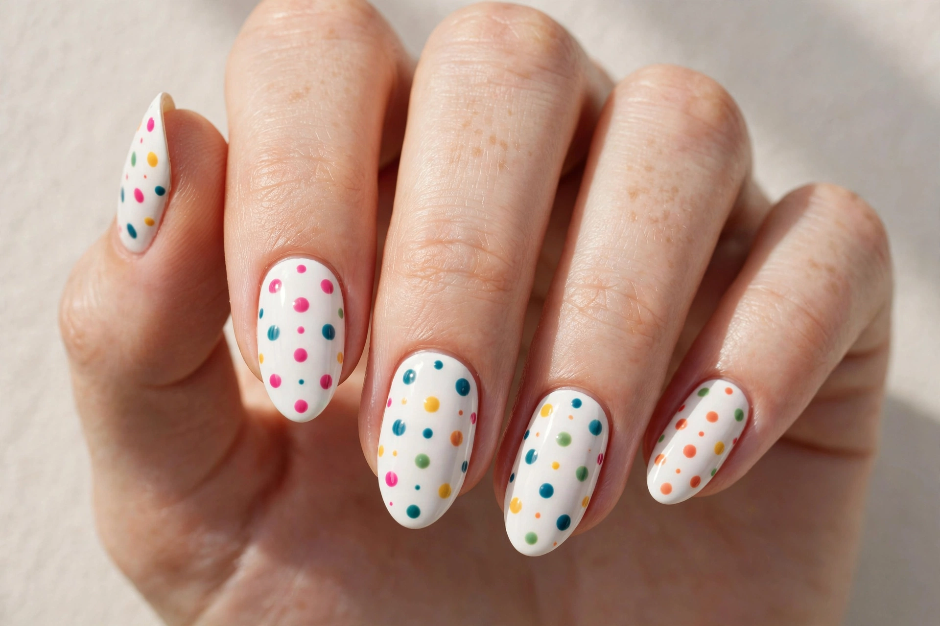 Crisp white almond nails with colorful polka dot nail art