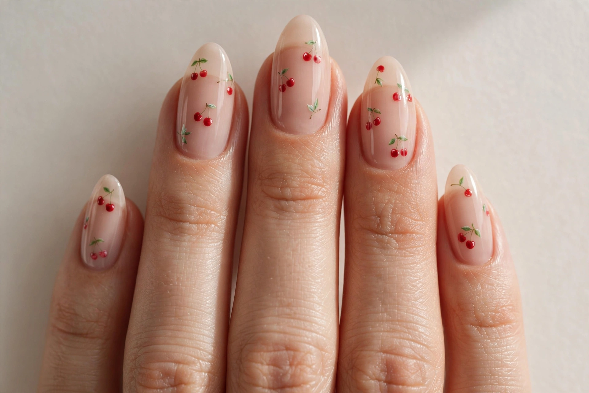Sheer nude almond nails with small cherry nail art