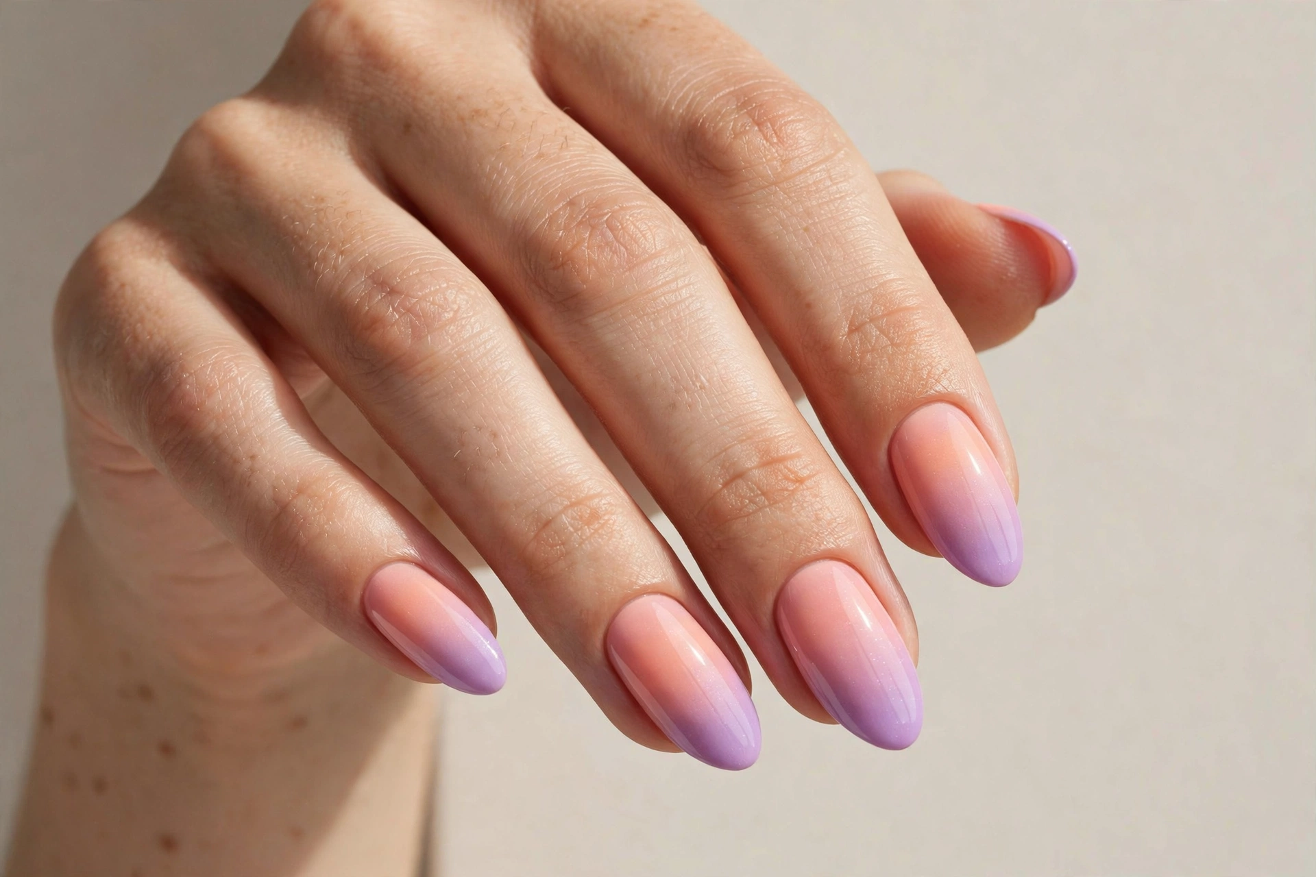 Almond nails with a pink peach and lavender pastel ombre gradient
