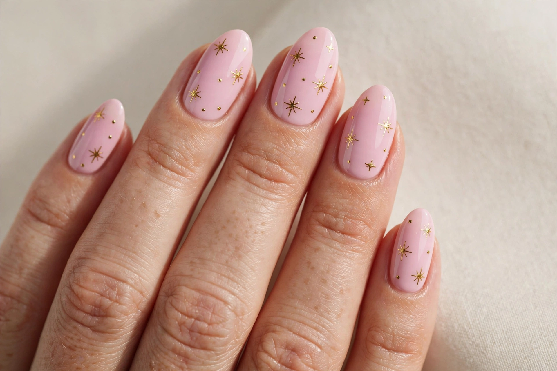 Baby pink almond nails with tiny gold star nail art