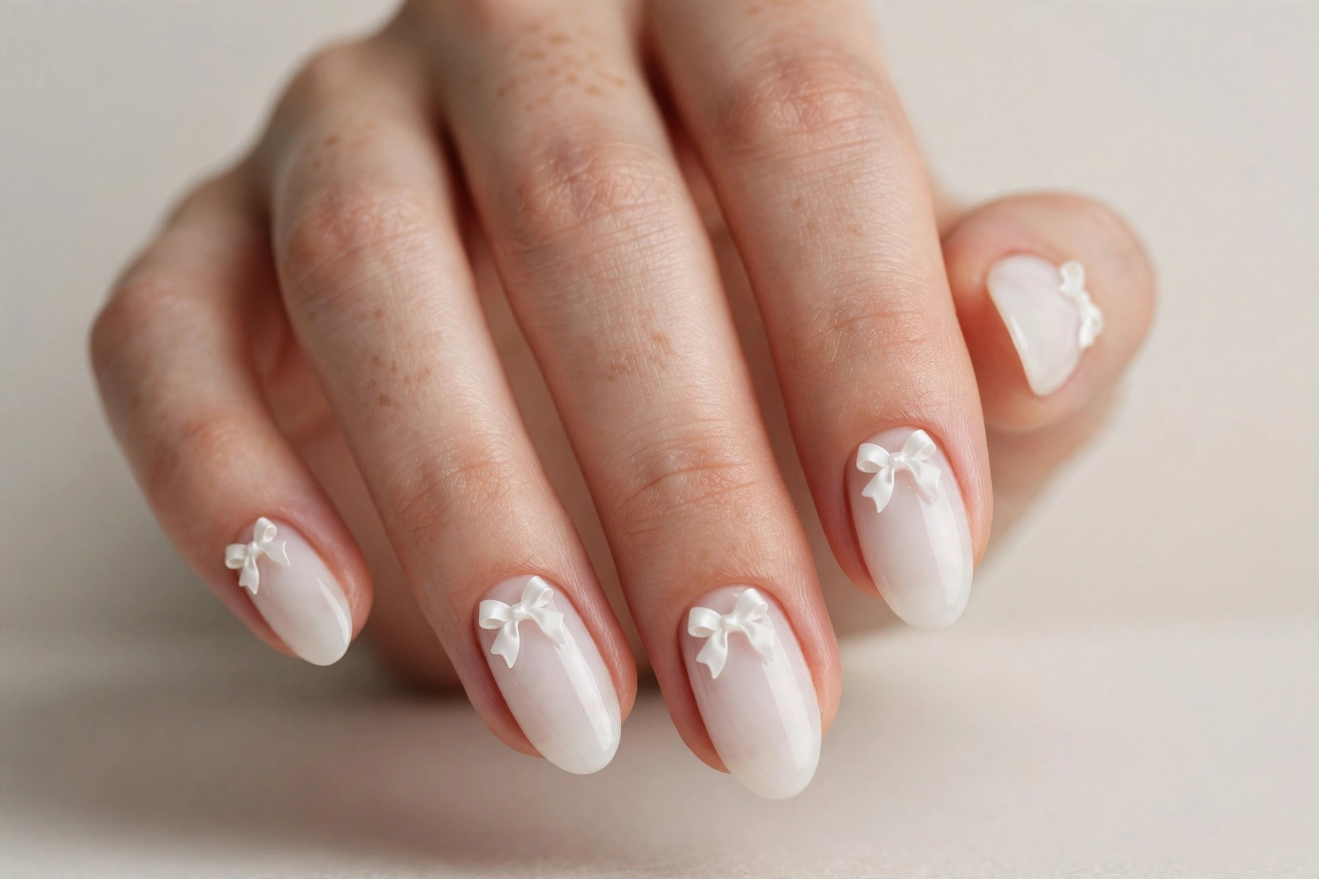Milky white almond nails with tiny bow nail art