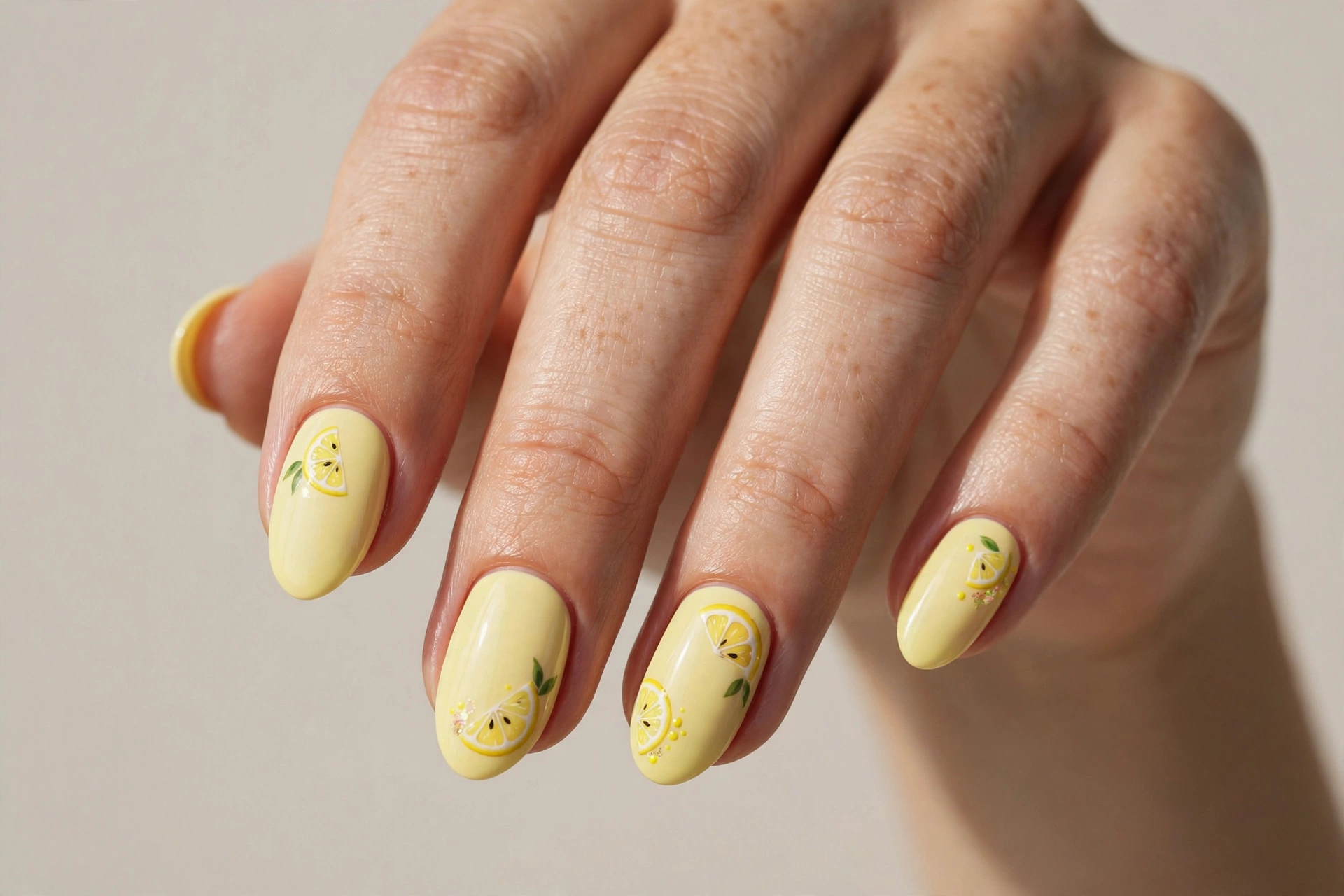 Pastel yellow almond nails with lemon slice nail art