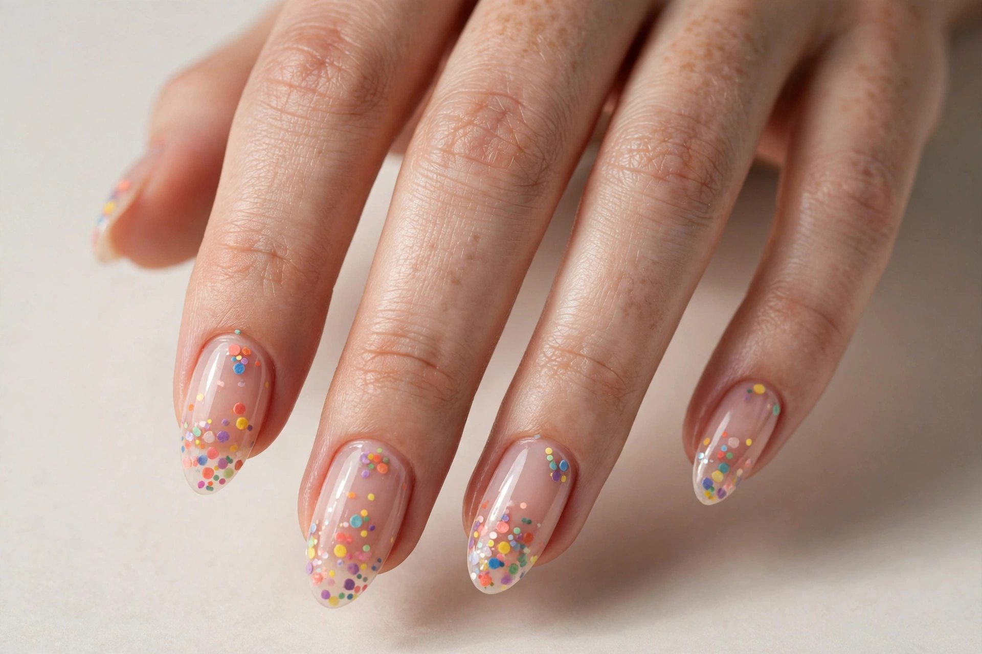 Sheer nude almond nails with colorful confetti sprinkle nail art