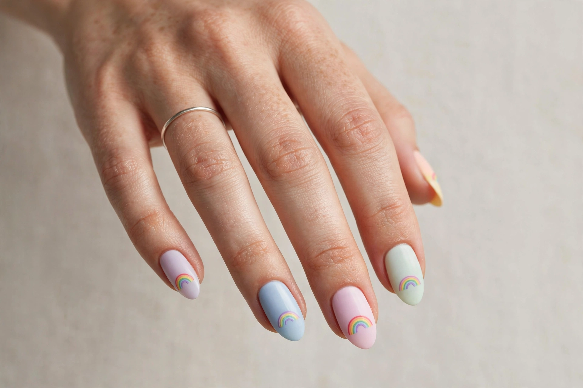 Pastel almond nails with tiny rainbow arc nail art
