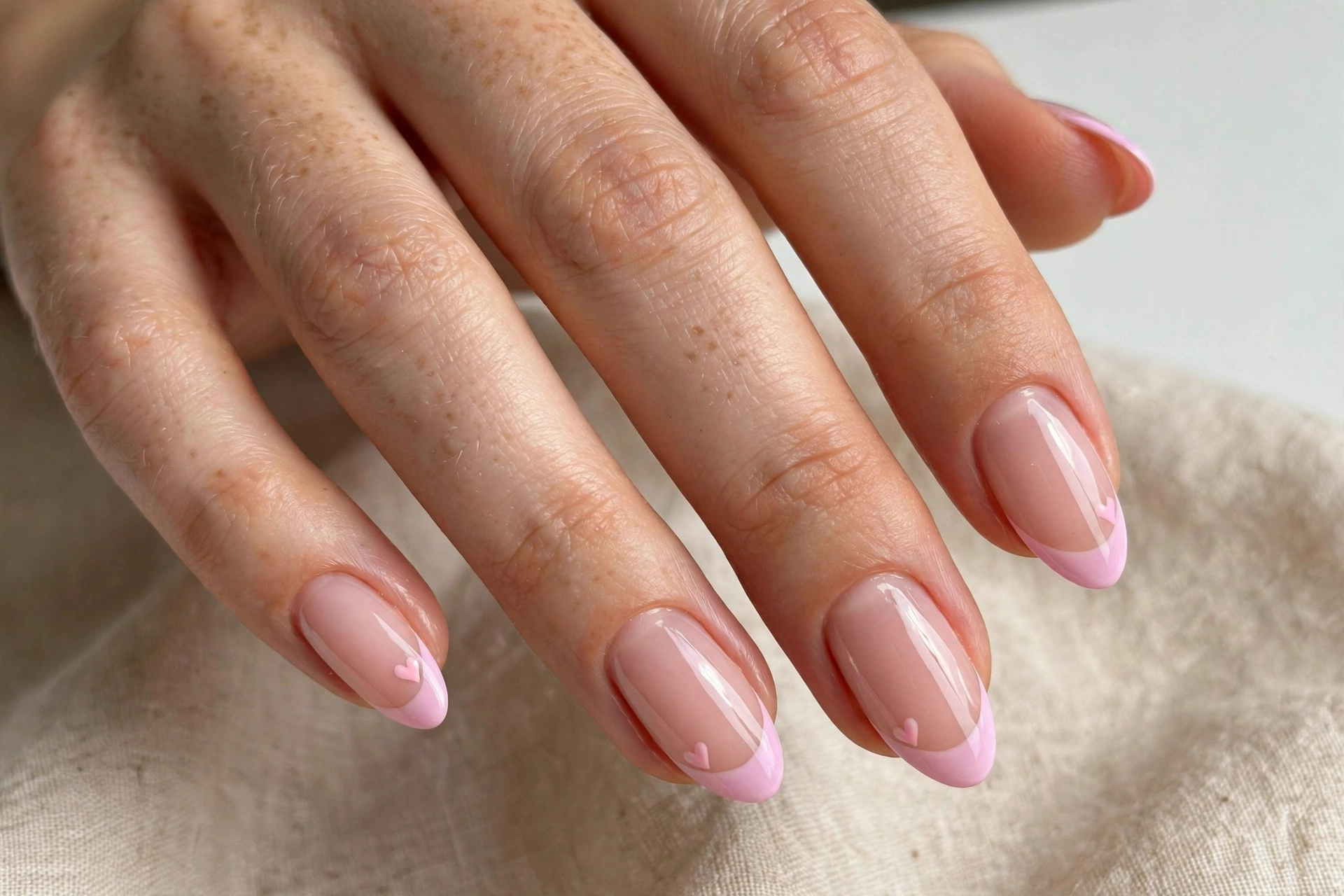 Pastel pink French tip nails with tiny heart accents on almond nails