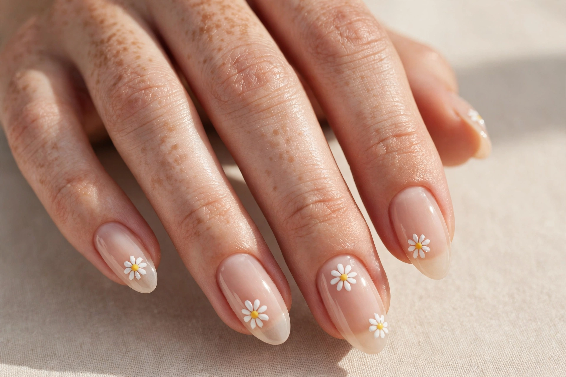 White daisy flower nail art on a sheer nude base