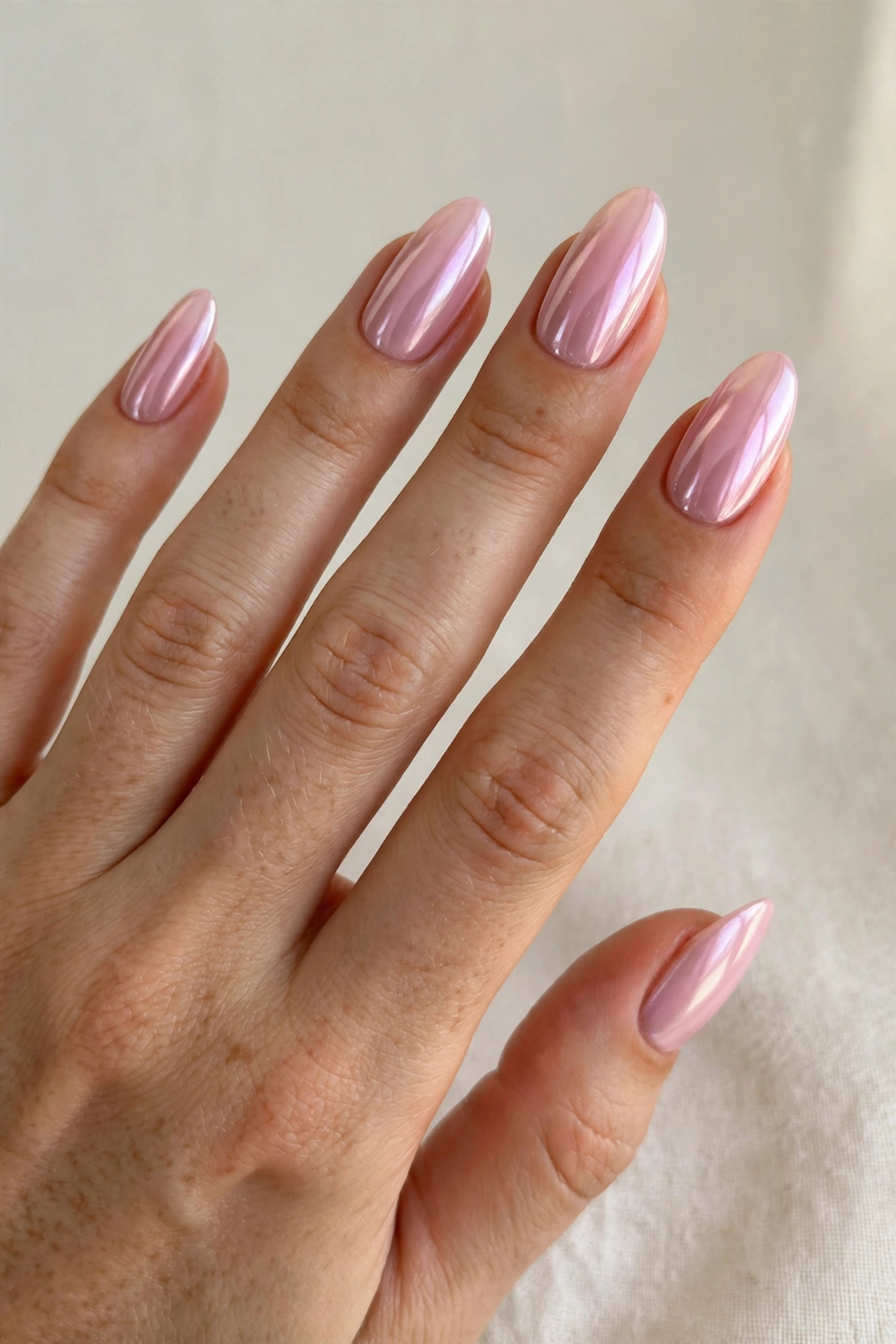 Baby pink glazed chrome nails with a mirror shine
