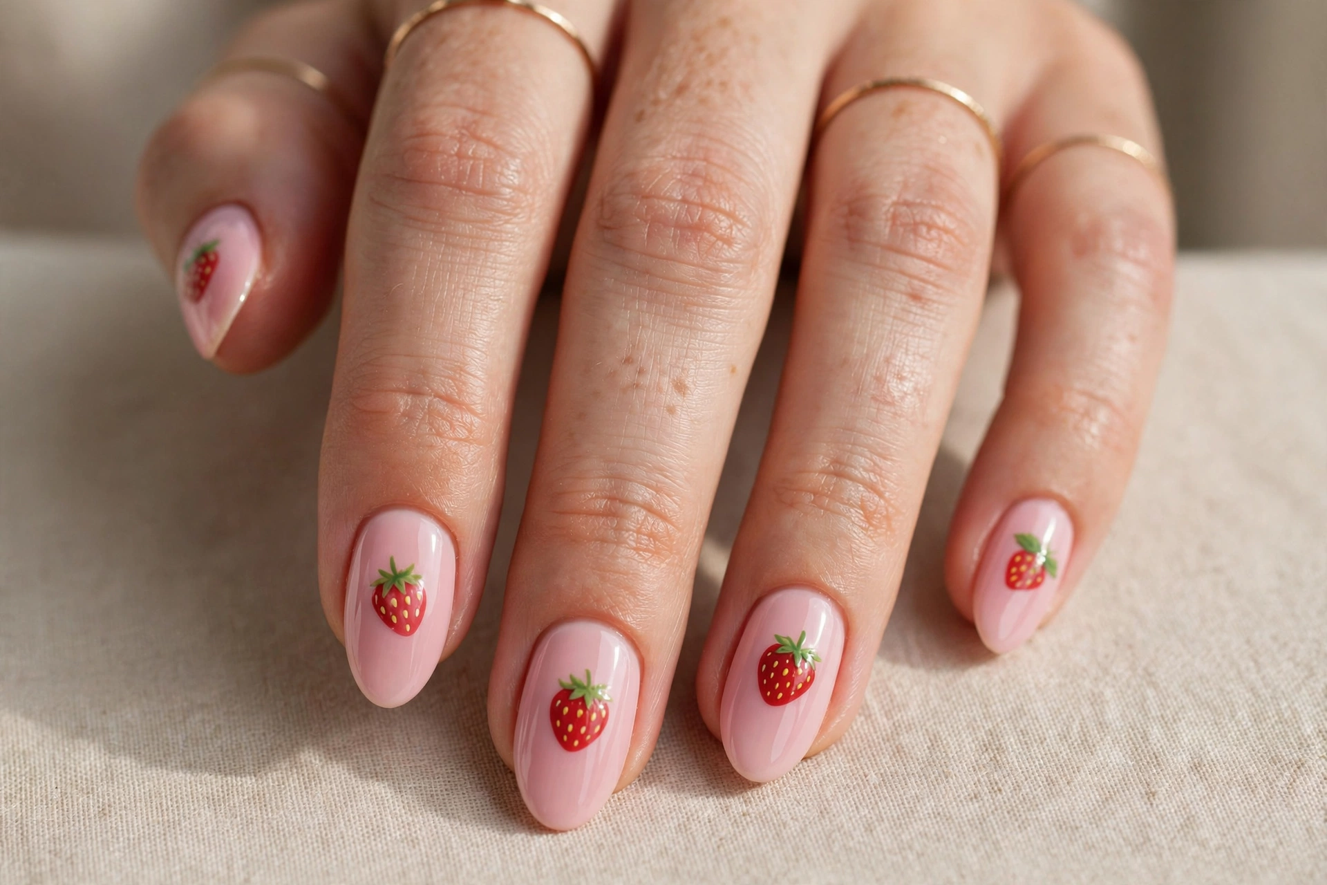 Strawberry nail art with red berries and green leaves on a pink base