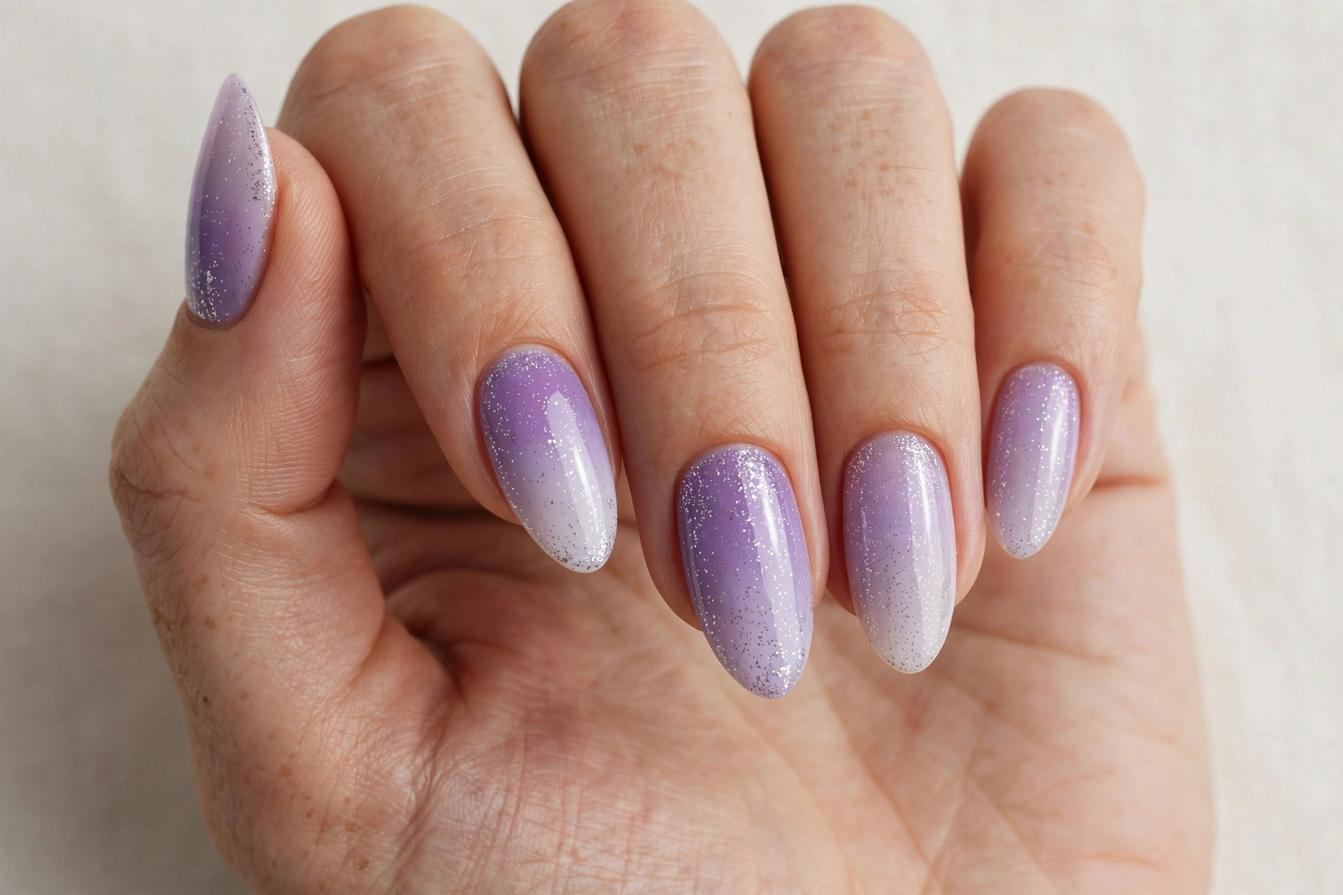 Lavender ombre nails fading into fine silver glitter