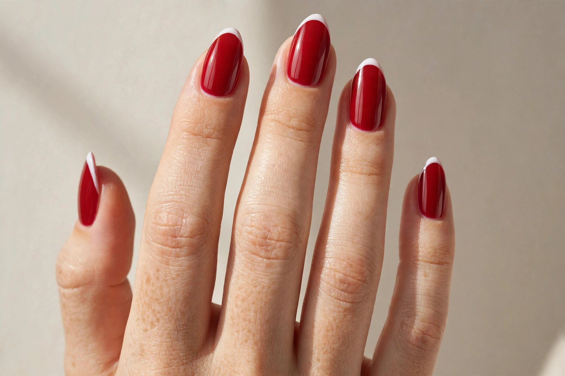 Cherry red nails with thin white micro French tips
