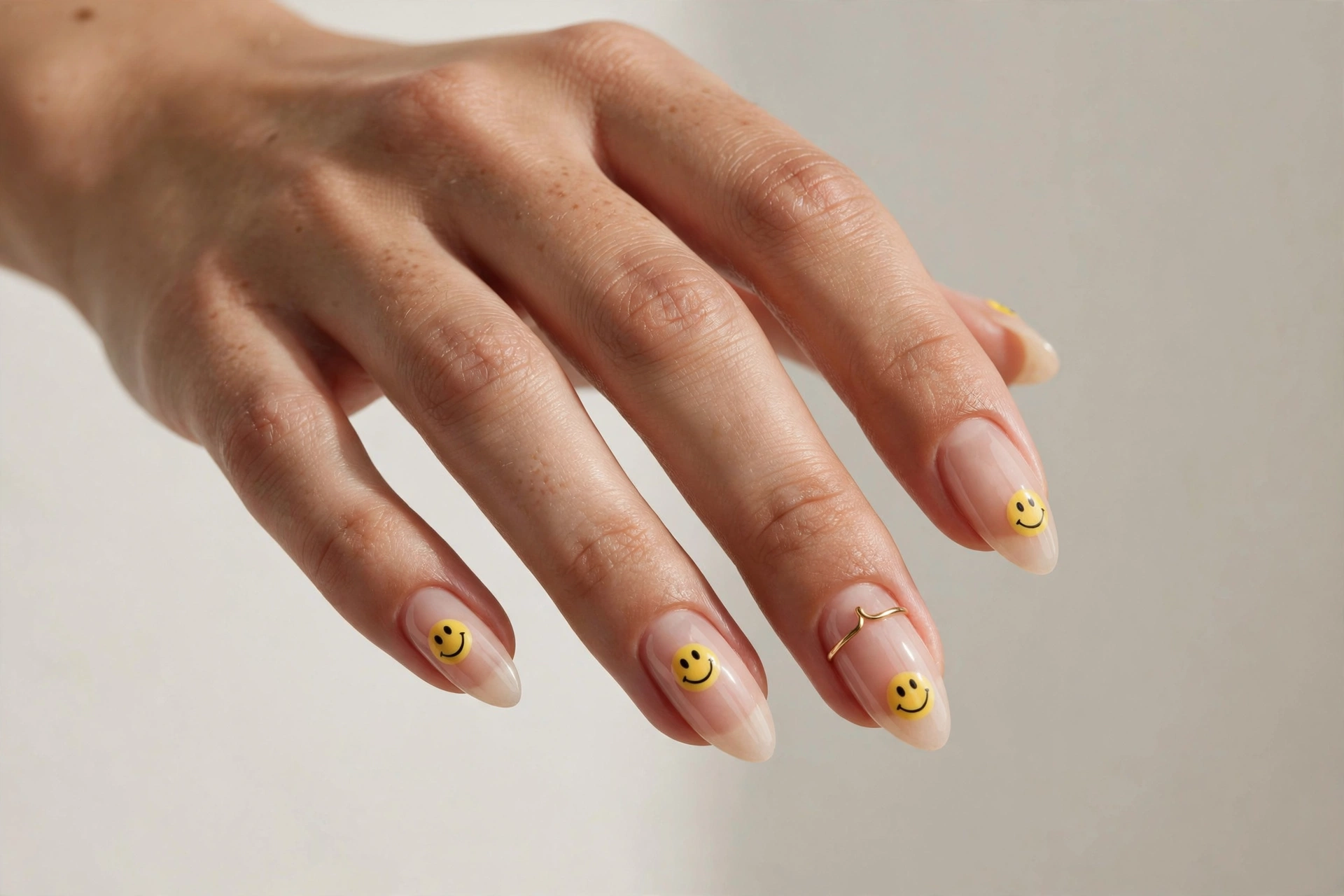 Yellow smiley face nail art on a sheer nude base