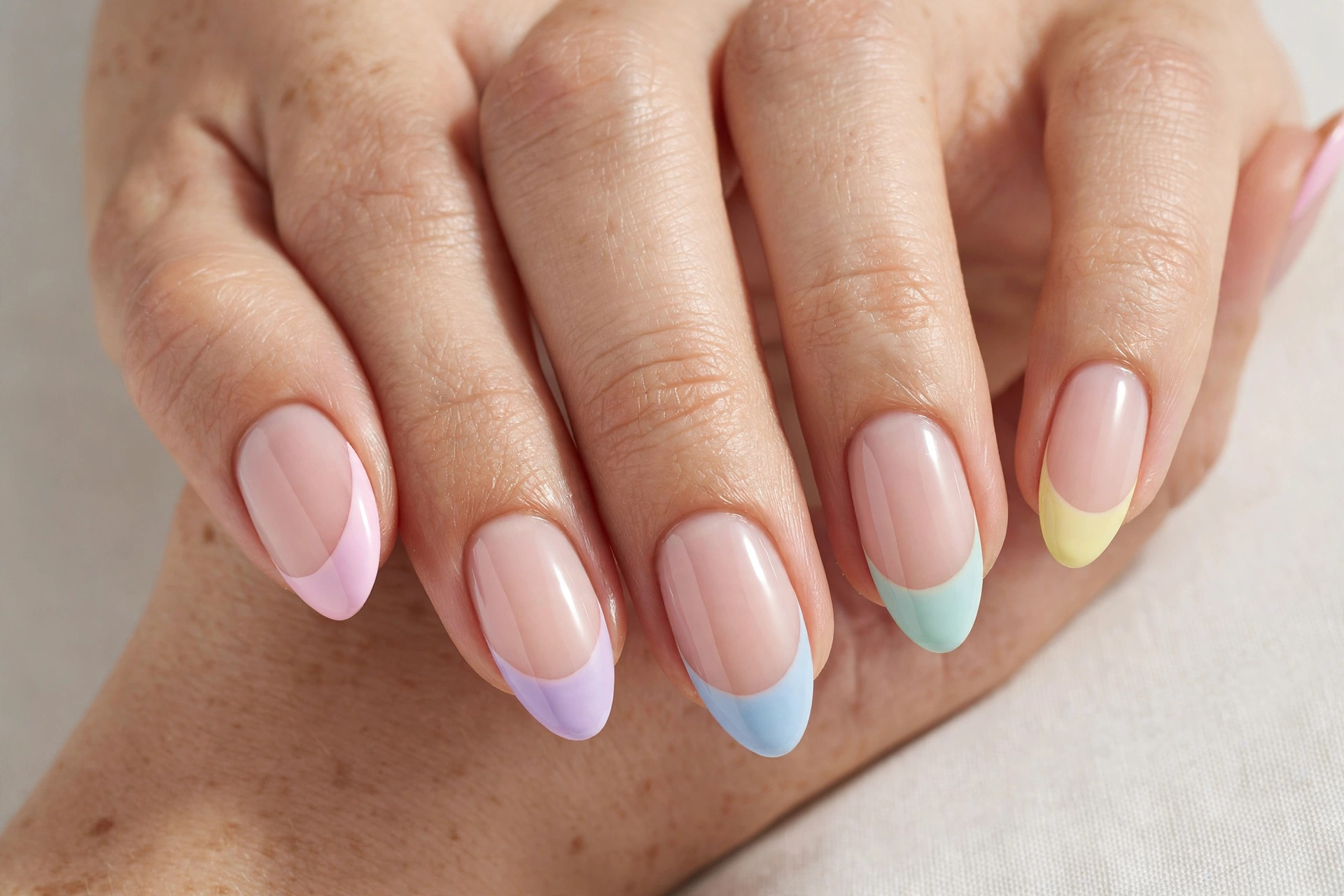 Pastel rainbow French tips in pink yellow blue and lavender on short nails