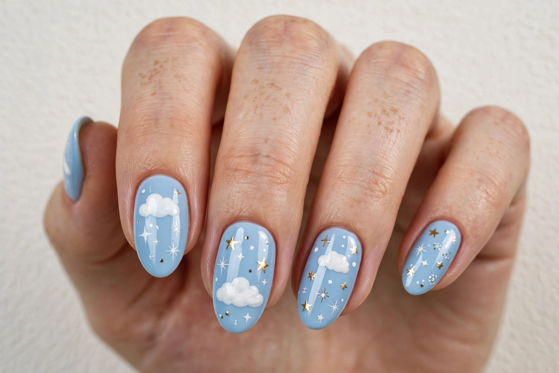 Cute cloud and star nail art on a baby blue base
